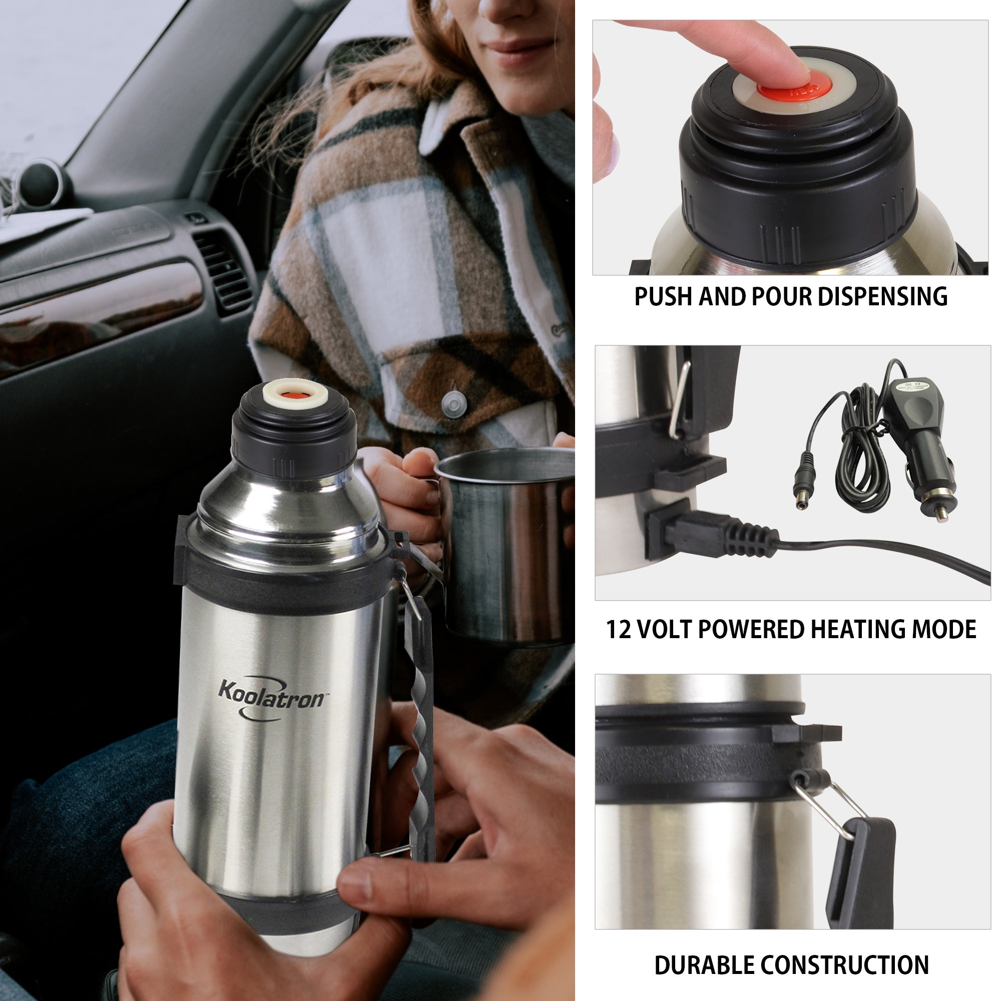 On the left is a lifestyle image of a person with light skin and long brown hair wearing a brown and white plaid coat and holding a stainless steel mug sitting in the passenger seat of a car. In the foreground, the driver's hands are visible holding the 12V travel flask. Three closeup images on the right show features of the thermos bottle, labeled: 1. Push and pour dispensing; 2. 12 volt powered heating mode; 3. Durable construction.