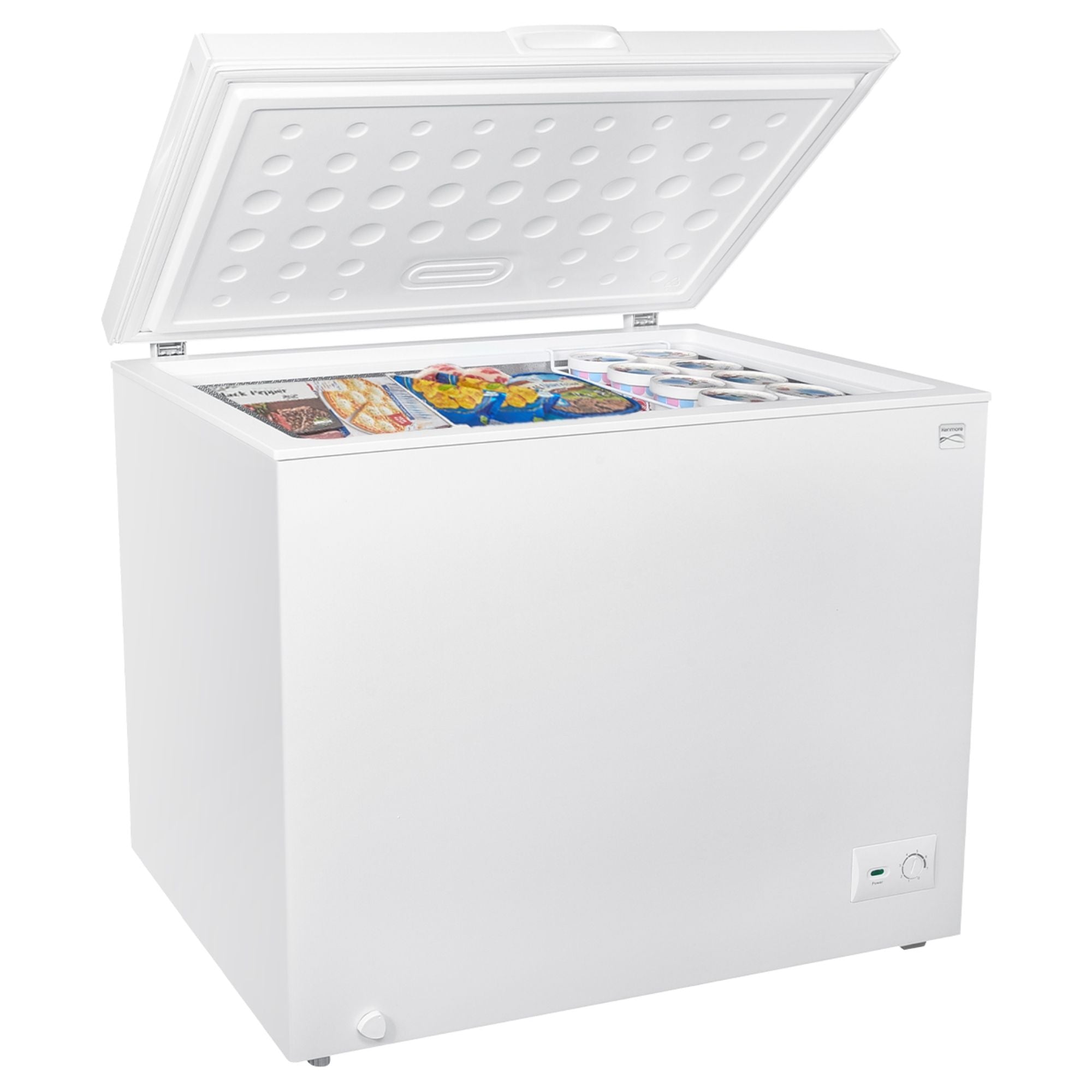 Kenmore chest freezer, open on a white background