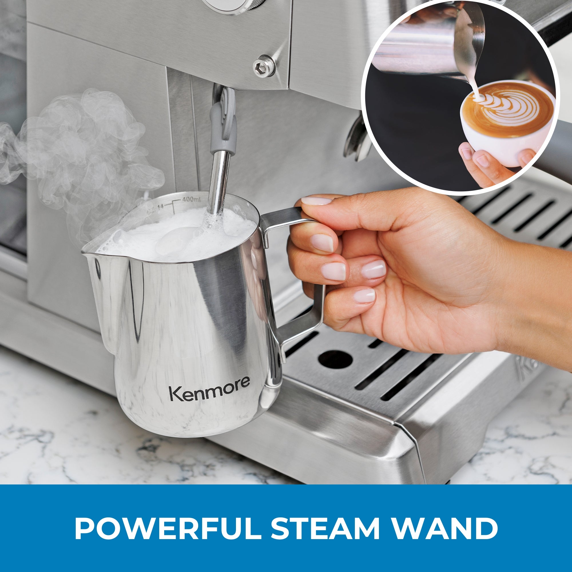 Closeup image of a person's hand holding the stainless steel pitcher filled with foamy milk with the steam wand immersed in it with an image overlaid of microfoam being poured into a mug to make latte art. Text below reads, "Powerful steam wand"