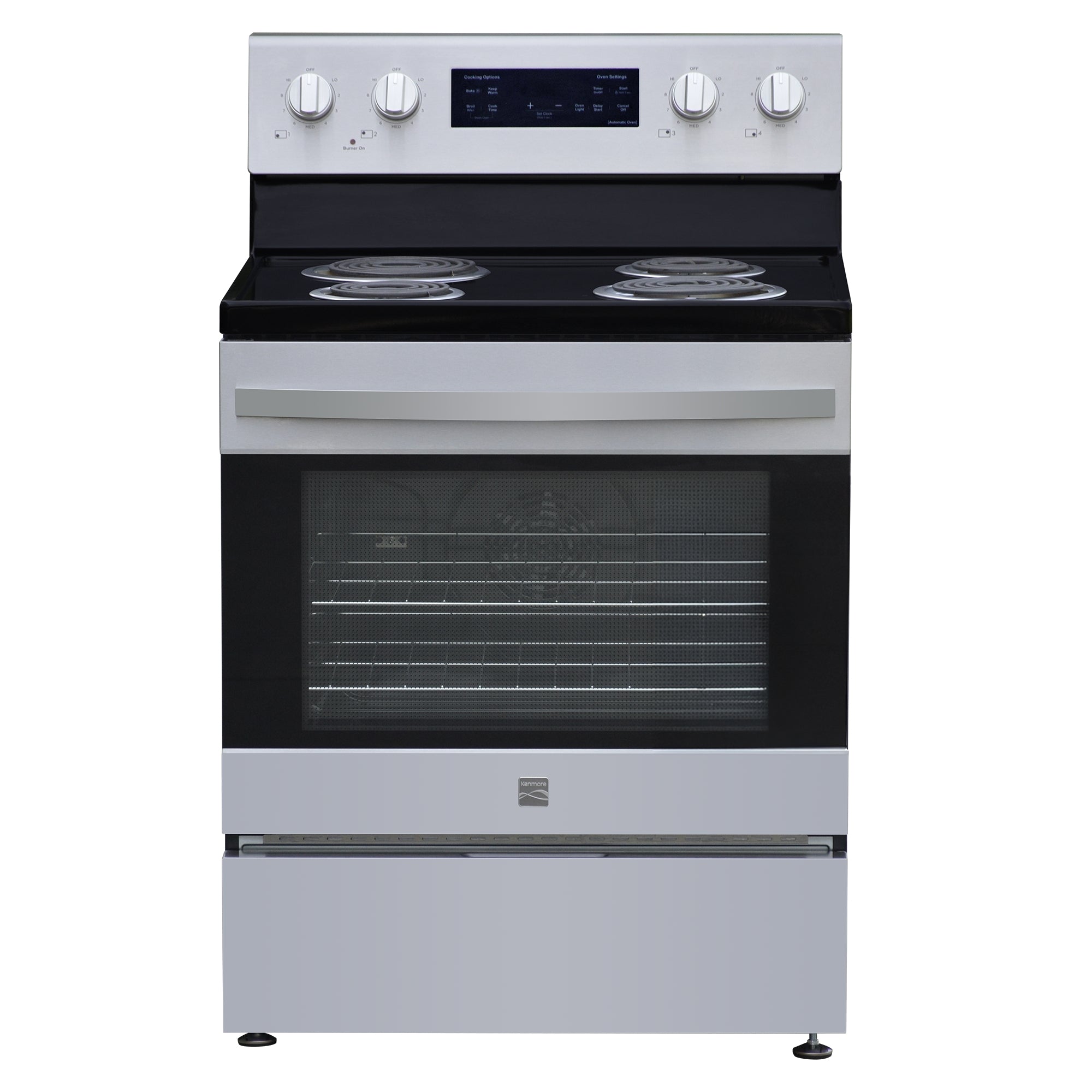 Kenmore stainless steel electric range, closed, on a white background