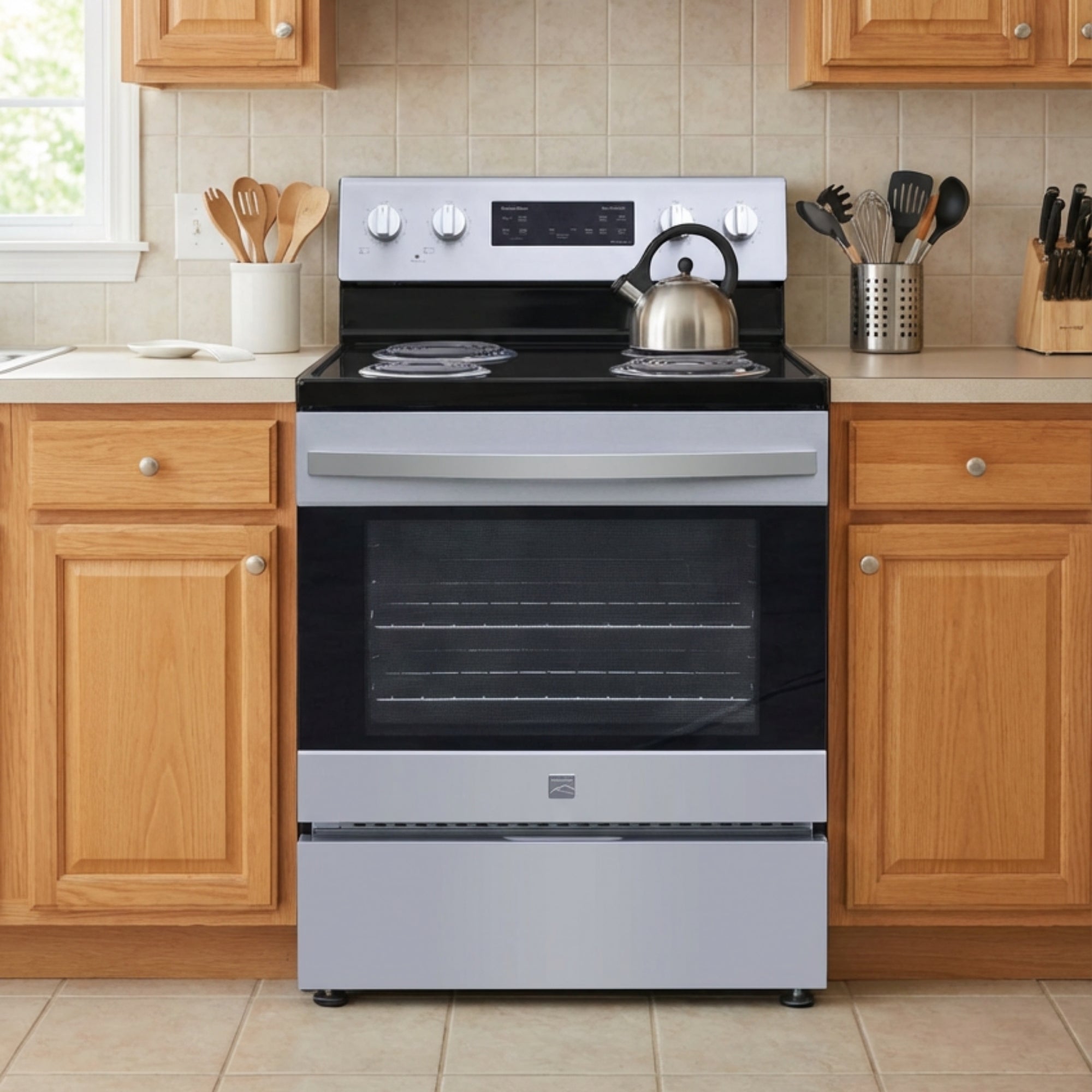Kenmore stainless steel electric range installed in a bright kitchen between wood cabinets