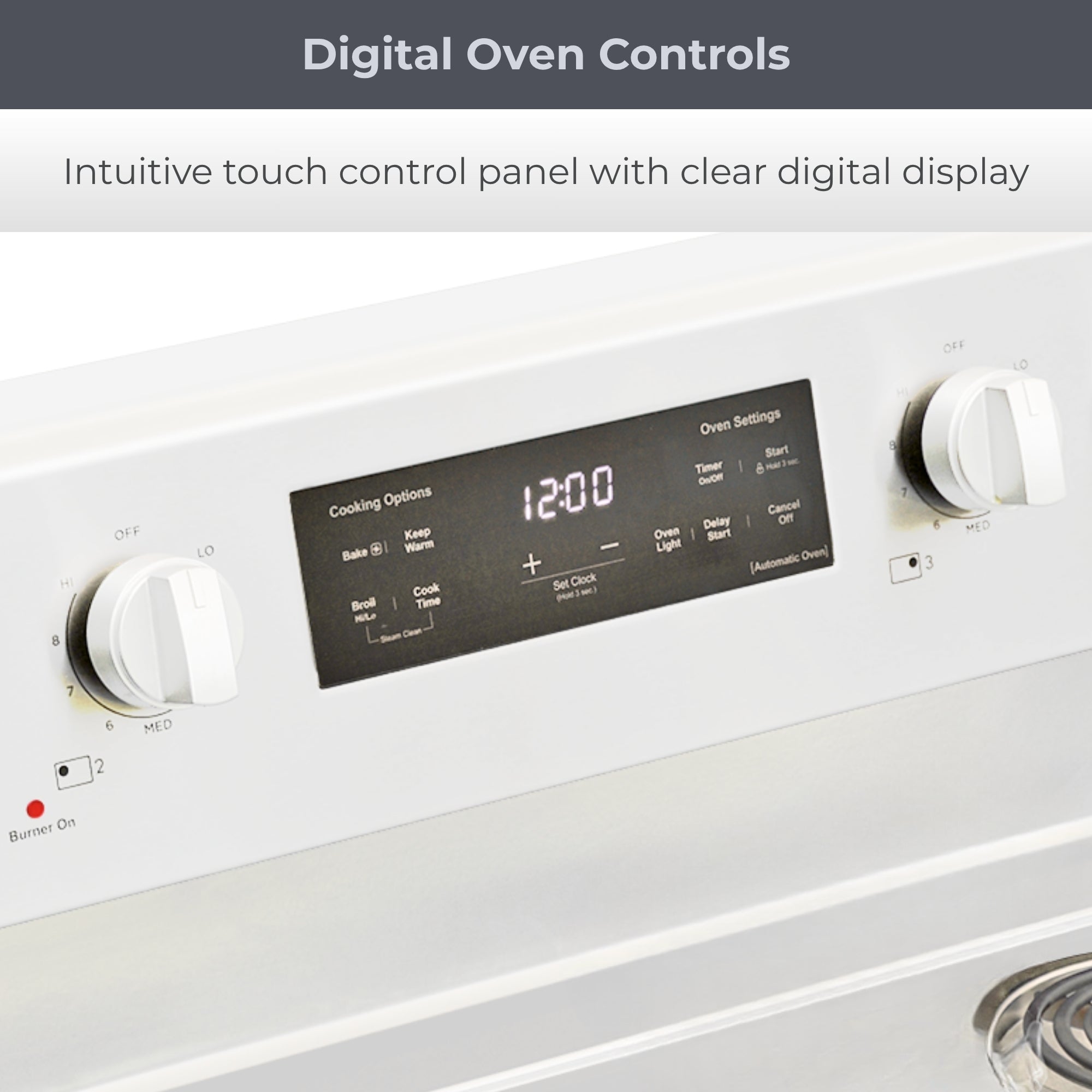 Closeup of the digital control panel on the Kenmore coil top electric range. Text above reads, "Digital Oven Controls: Intuitive touch control panel with clear digital display"