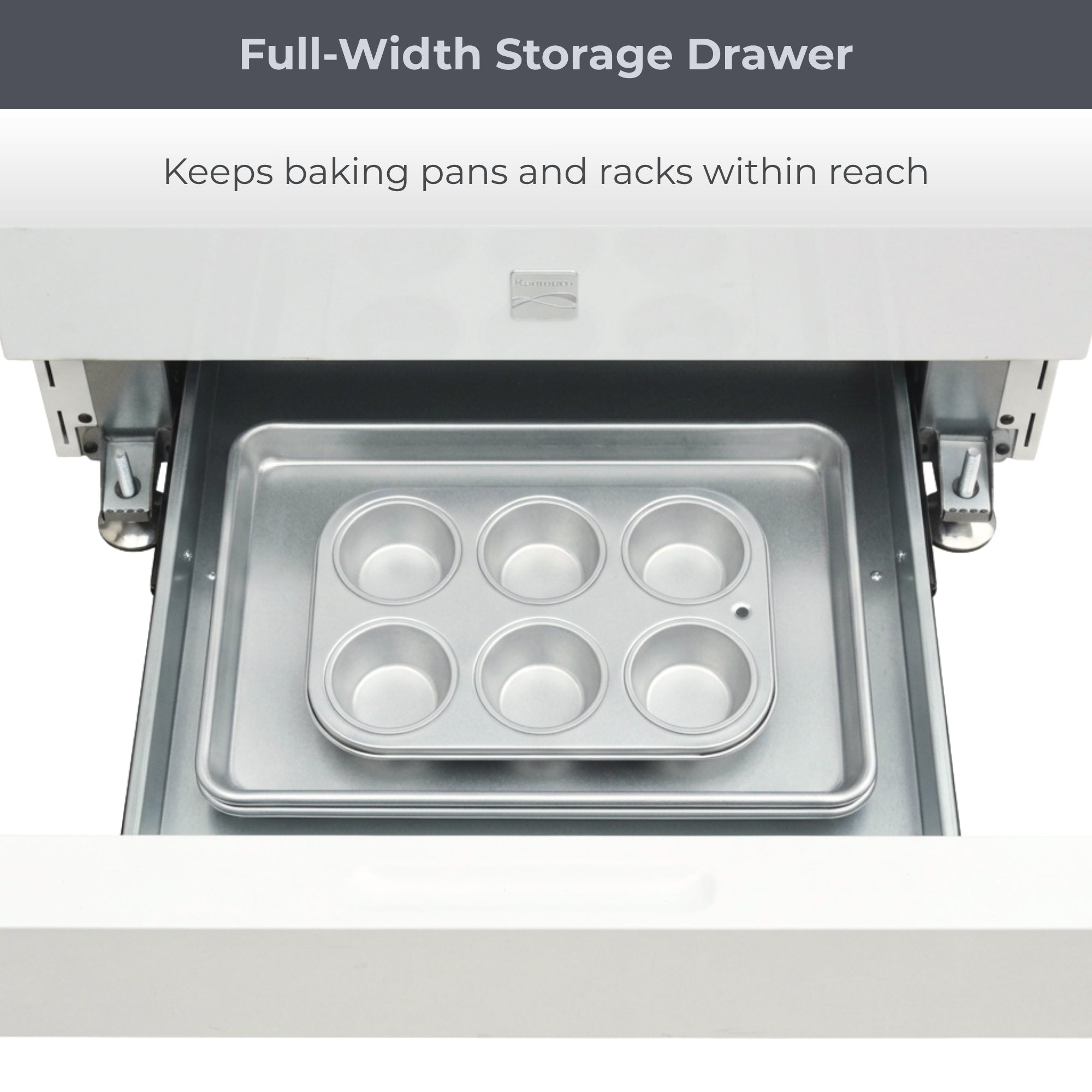 Closeup of the open storage drawer on the Kenmore coil top electric range. Text above reads, "Full-Width Storage Drawer: Keeps baking pans and racks within reach"
