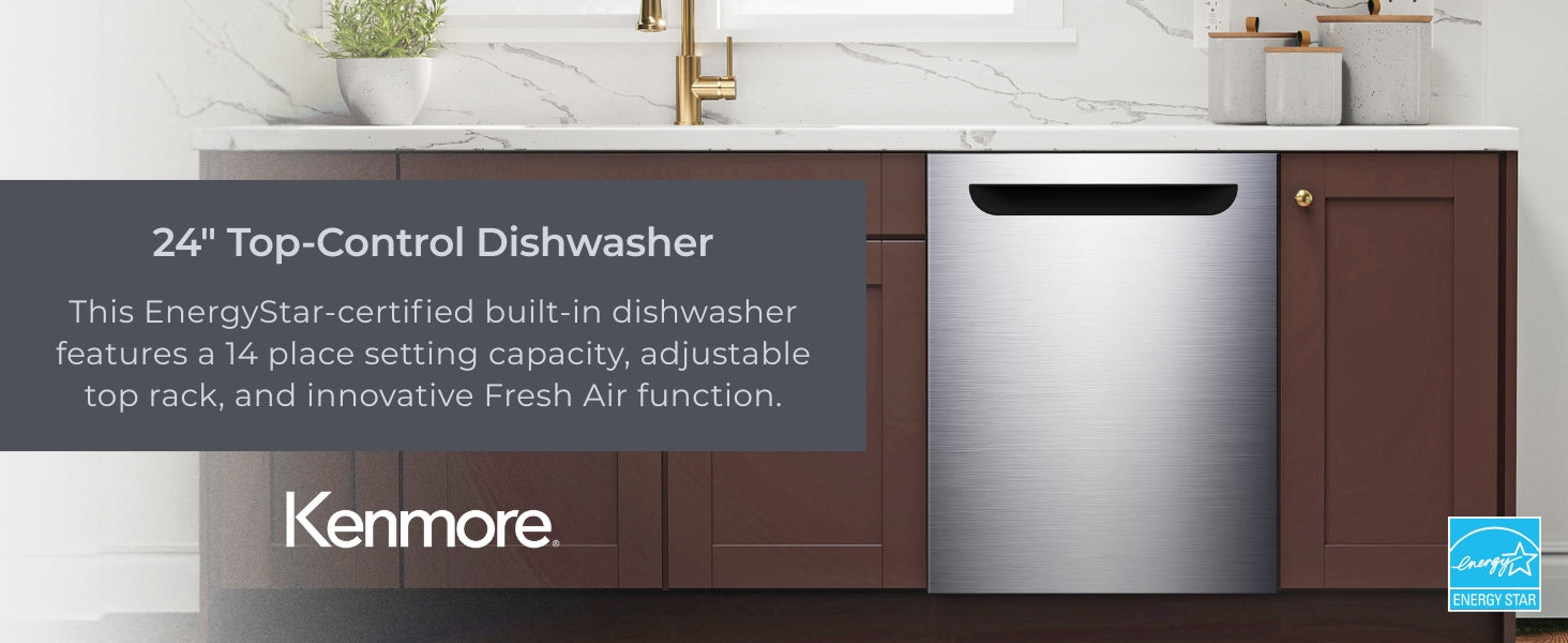 Kenmore 24-inch dishwasher in a burgundy kitchen. Text overlay reads, "24" Top-Control Dishwasher: This EnergyStar-certified built-in dishwasher features a 14 place setting capacity, adjustable top rack, and innovative Fresh Air function."