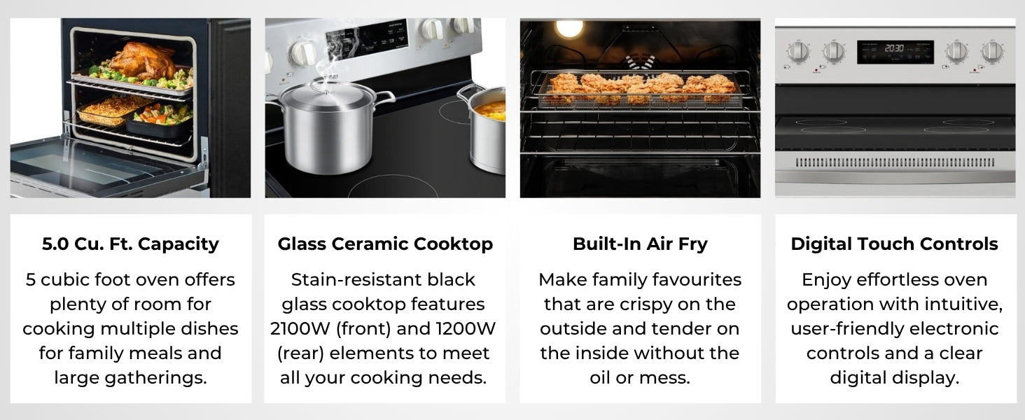 Four images with text below show features of the Kenmore 5.0 smooth top range: 5.0 cu ft capacity; glass ceramic cooktop; built-in air fry; digital touch controls