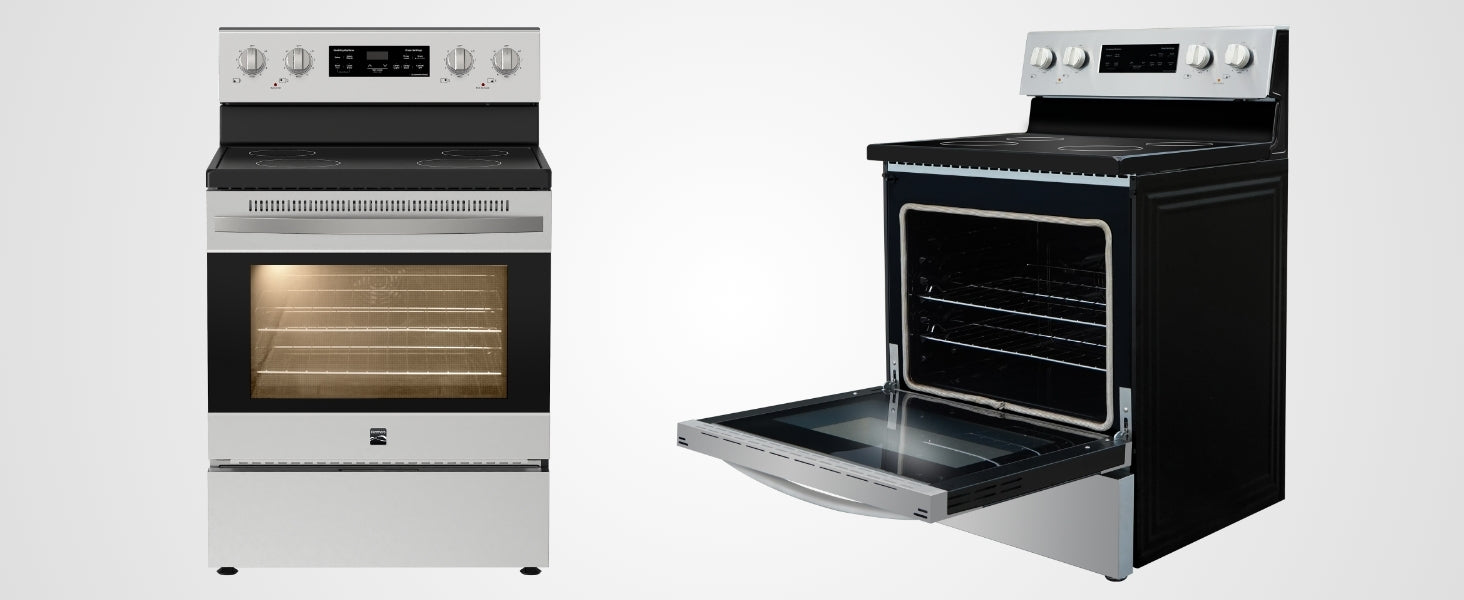 Two pictures of the Kenmore 5.0 cu ft smooth top range, one closed with the oven light on and one open