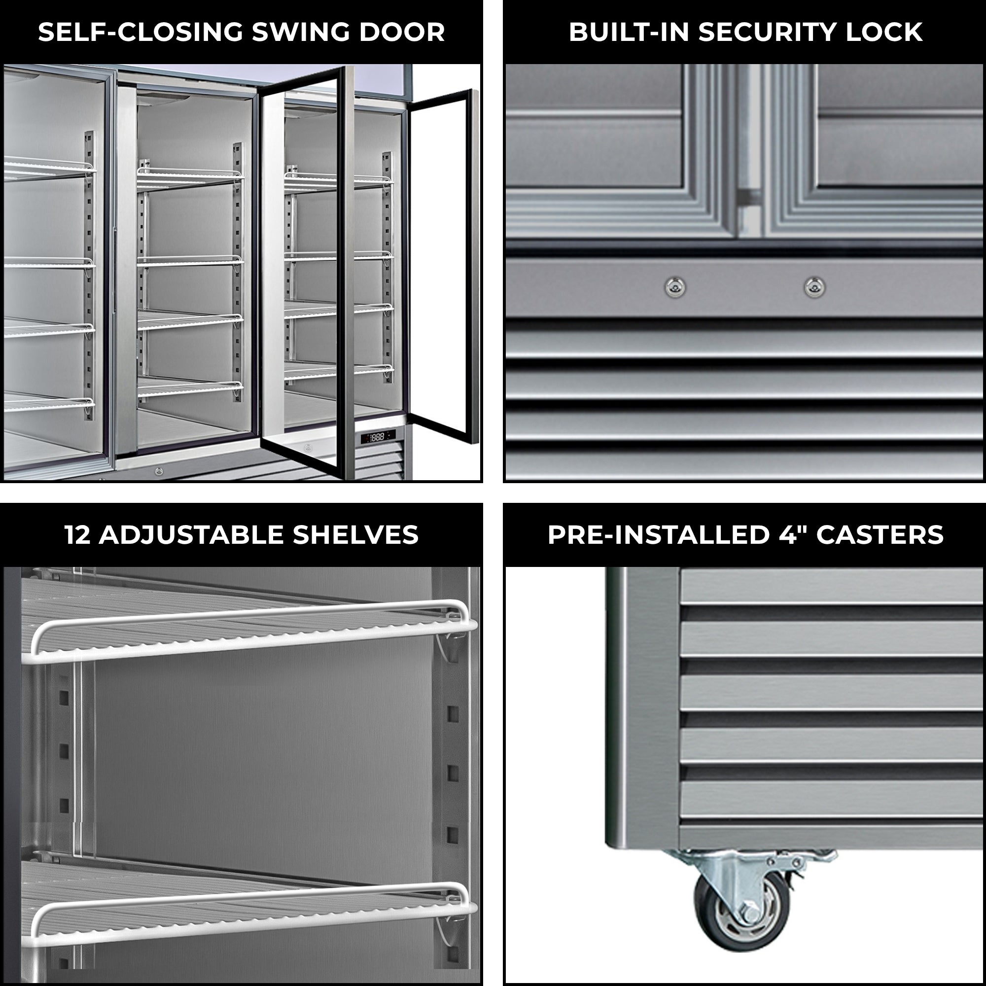 Four labeled closeup images show features of the Kenmore Pro upright display freezer: Self-closing swing door; built-in security lock; 12 adjustable shelves; pre-installed 4" casters.