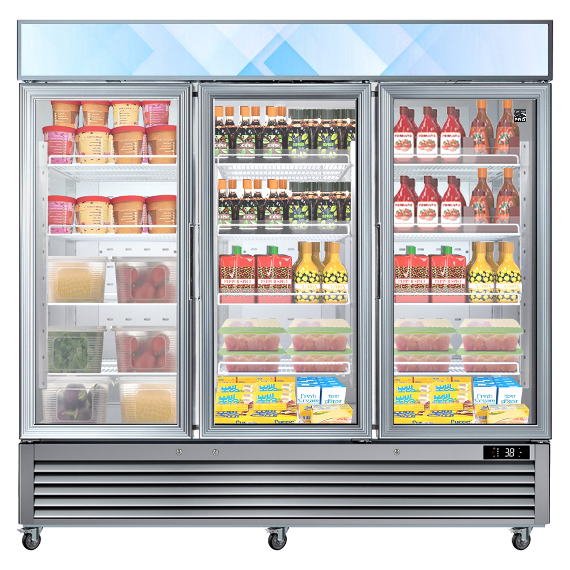 Kenmore Pro glass door convertible commercial fridge/freezer filled with refrigerated food products on a white background.