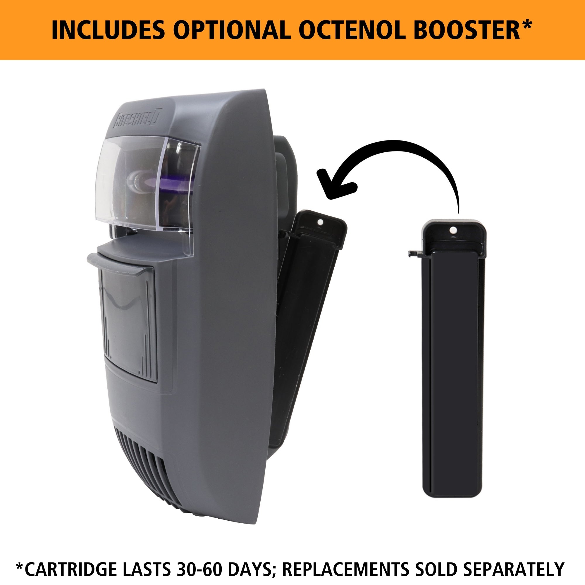 Bite Shield wall-mount flying insect trap on the left with an optional Octenol cartridge attached and a replacement cartridge to the right. Text above reads, "Includes optional Octenol booster," and text below reads, "Cartridge lasts 30-60 days; replacements sold separately."