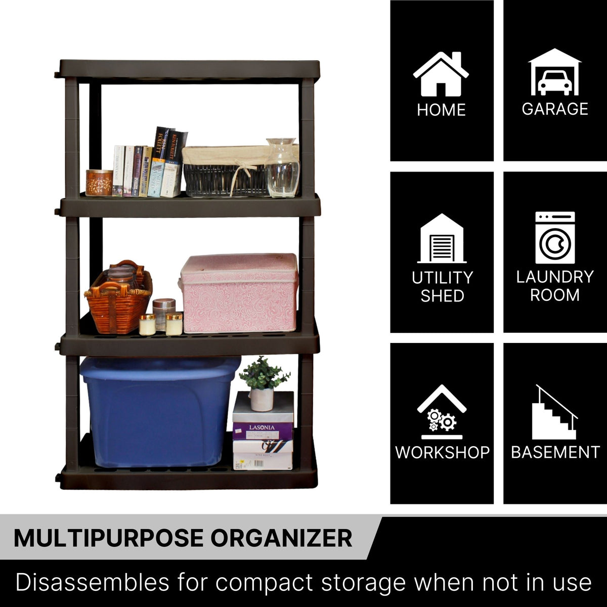 Oskar 4-tier storage shelf with kitchen items and storage totes on a white background. Text and icons to the right list places where the unit could be used: Home, garage, utility shed, laundry room, workshop, basement. Text below reads,"Multipurpose organizer: Disassembles for compact storage when not in use"