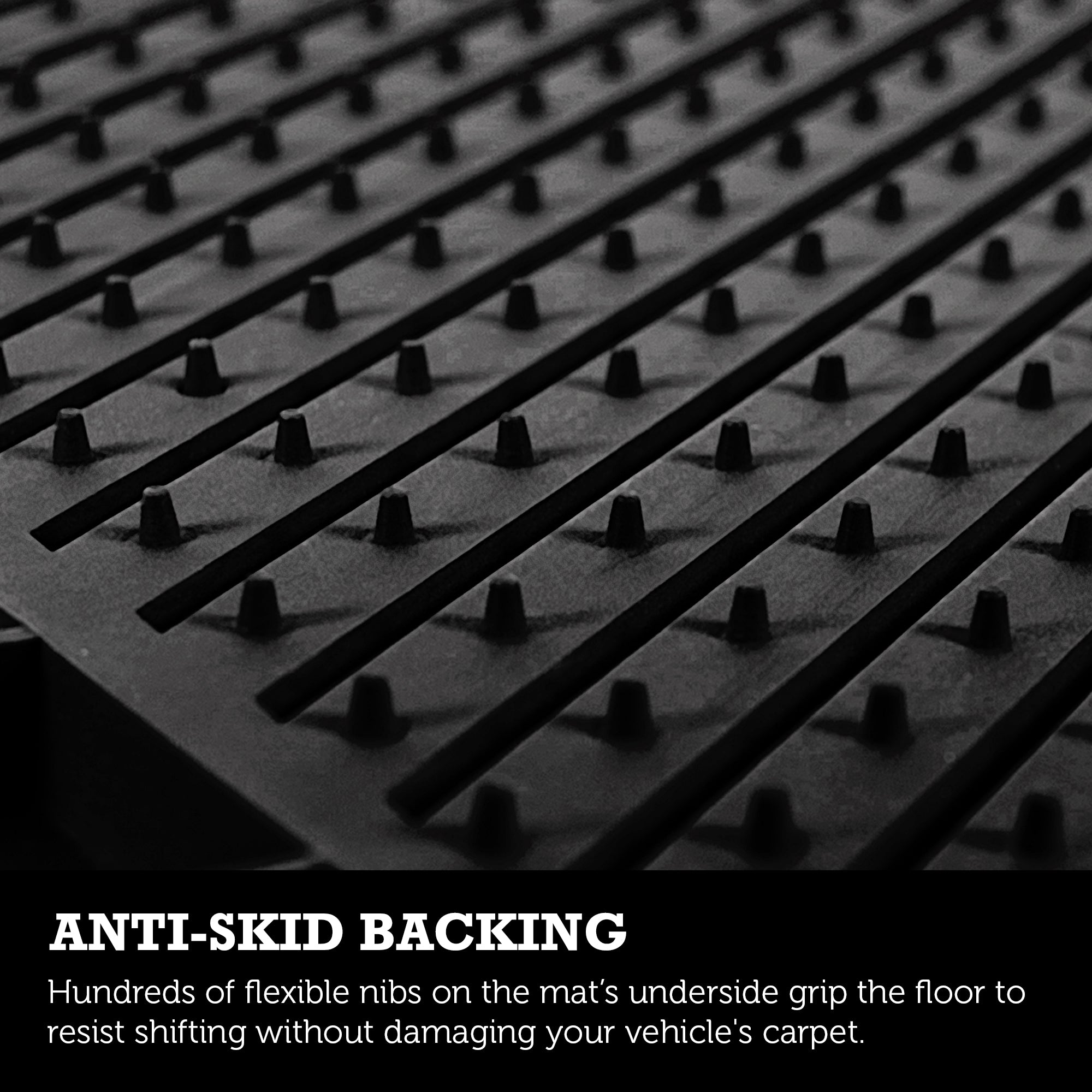 Closeup of the underside of a PantsSaver automotive mat showing the flexible rubber nibs. Text below reads, "ANTI-SKID BACKING Hundreds of flexible nibs on the mat’s underside grip the floor to resist shifting without damaging your vehicle's carpet."