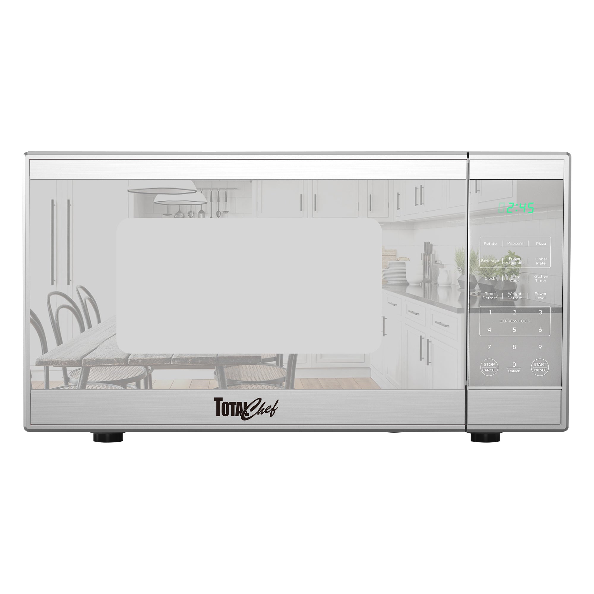 Total Chef stainless steel microwave, closed, on a white background