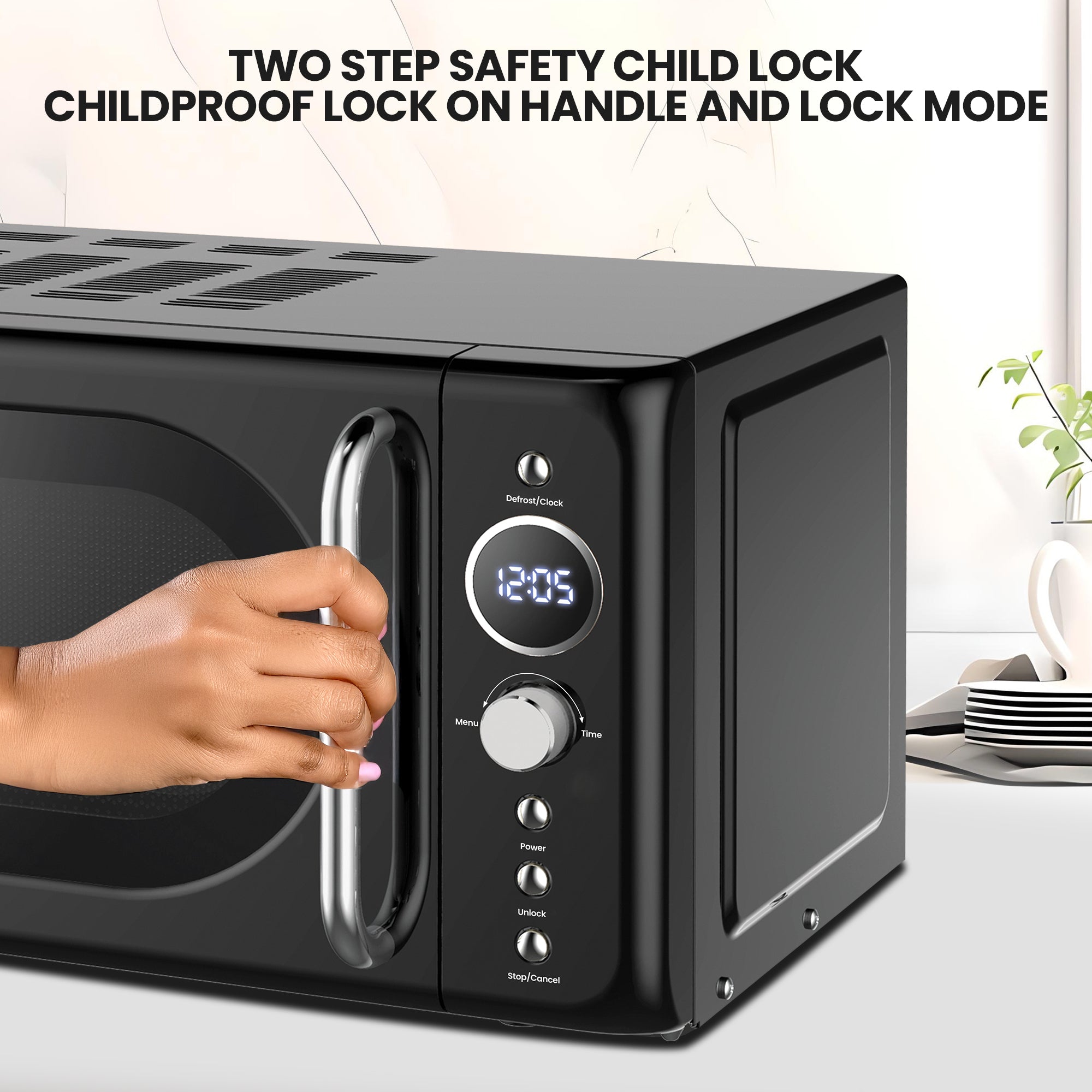 Total Chef Retro Microwave Oven | 20L / 0.7 Cu Ft | Quick Start & Defrost By Weight/Time | 8 Pre-set Cooking Modes For Coffee, Rice, Pasta, Potato, Reheat, Fish, Pizza, Popcorn | 700W | Black