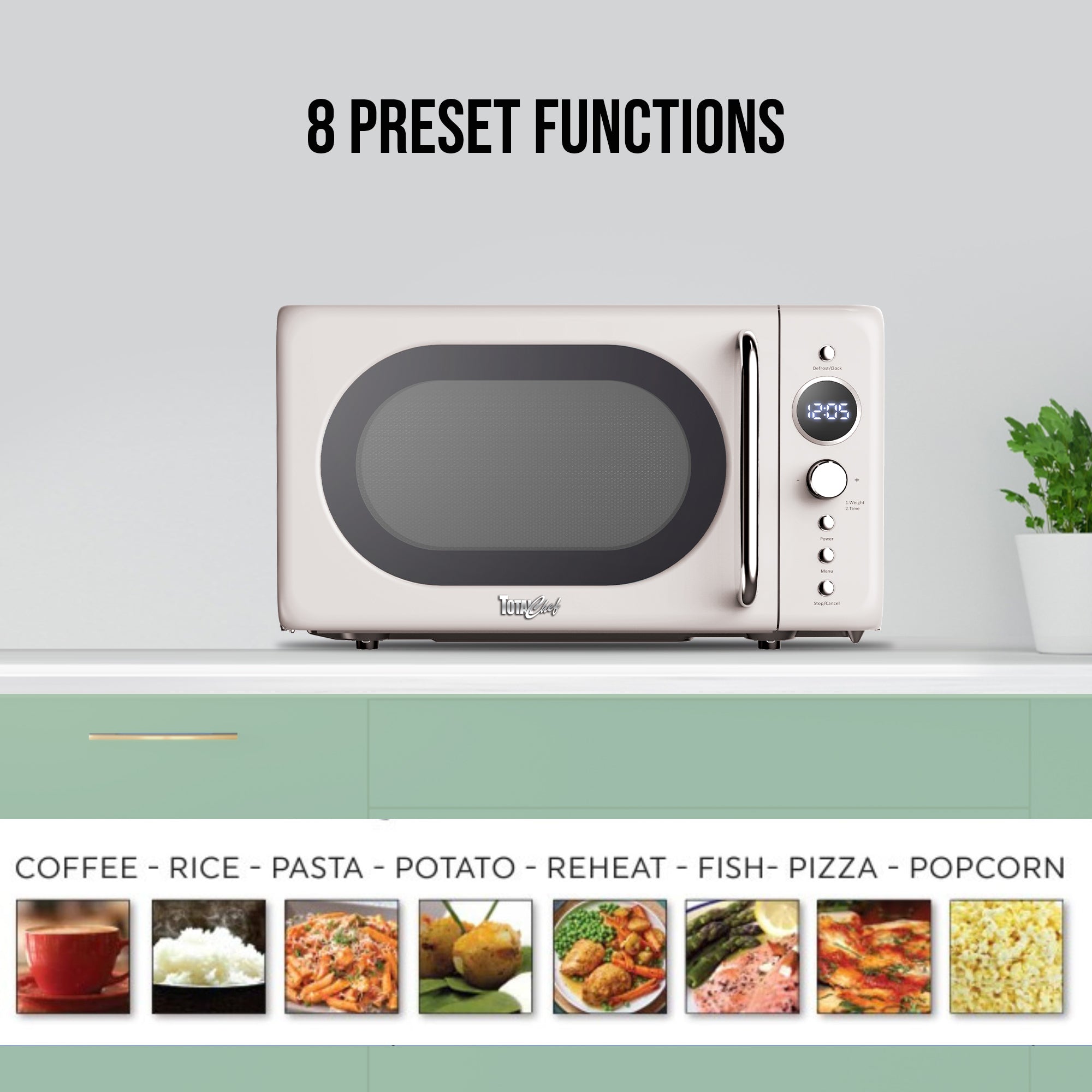 Total Chef Retro Microwave Oven | 20L / 0.7 Cu Ft | Quick Start & Defrost By Weight/Time | 8 Pre-set Cooking Modes For Coffee, Rice, Pasta, Potato, Reheat, Fish, Pizza, Popcorn | 700W | Cream