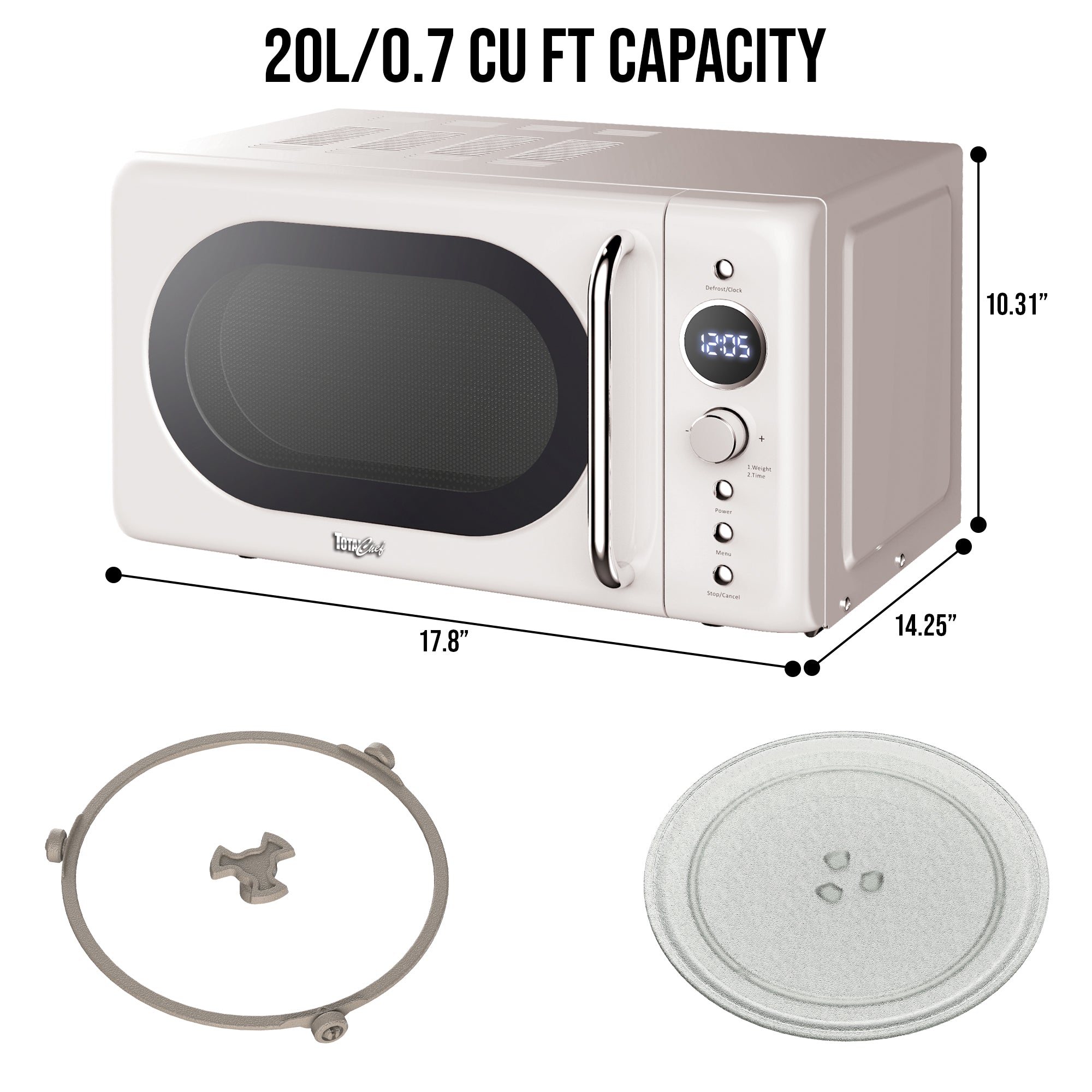 Total Chef Retro Microwave Oven | 20L / 0.7 Cu Ft | Quick Start & Defrost By Weight/Time | 8 Pre-set Cooking Modes For Coffee, Rice, Pasta, Potato, Reheat, Fish, Pizza, Popcorn | 700W | Cream