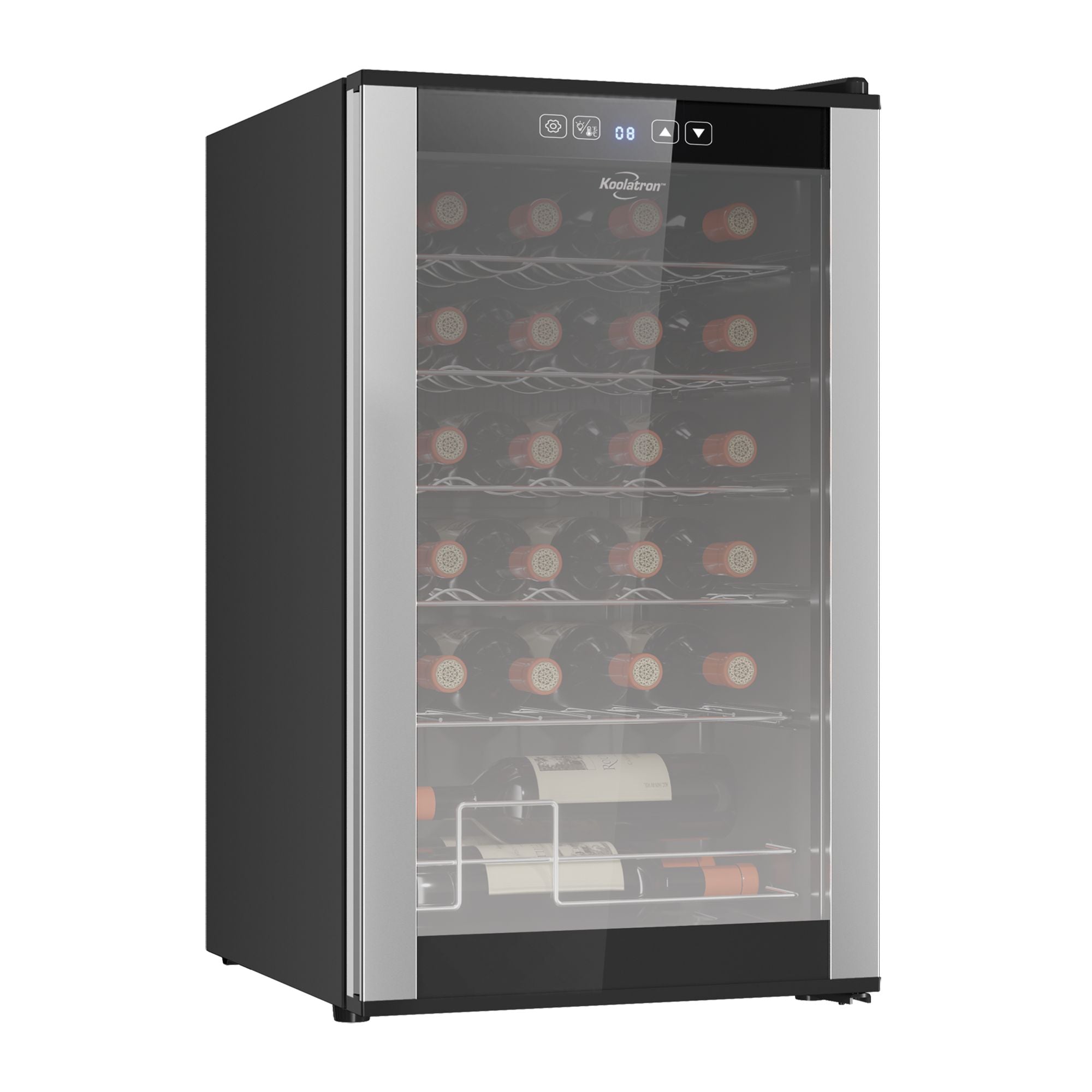 Koolatron 24 bottle freestanding compressor wine fridge, closed, on a white background