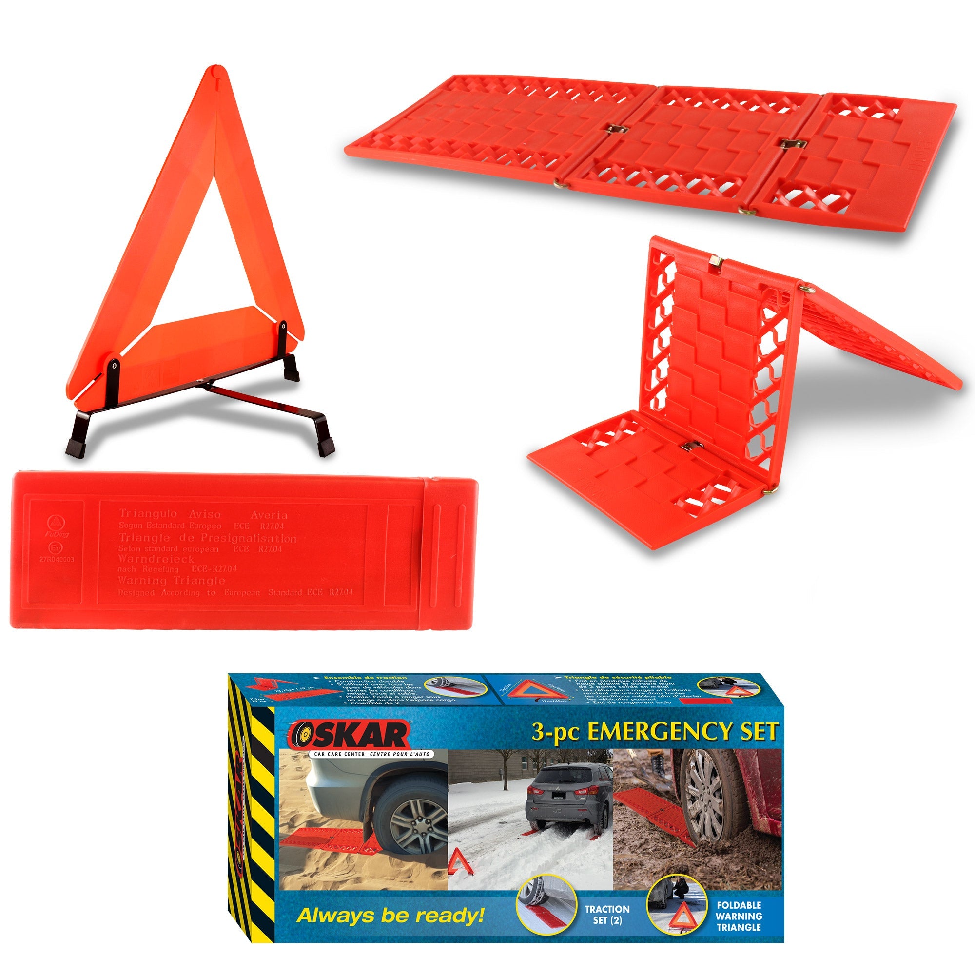 Oskar 3 Piece Emergency Kit, Red, Vehicle Roadside Assistance Set with  Folding Tire Traction Mats and Reflective Warning Triangle for Accidents,  Snow