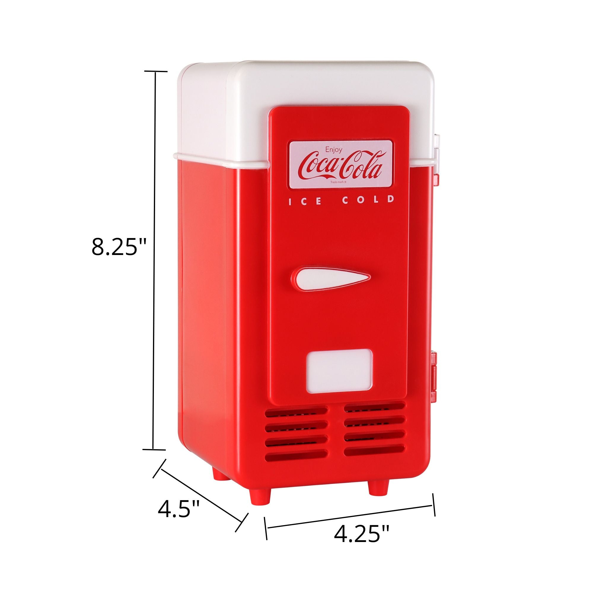 Product shot of Coca-Cola single can USB cooler on a white background with dimensions labeled