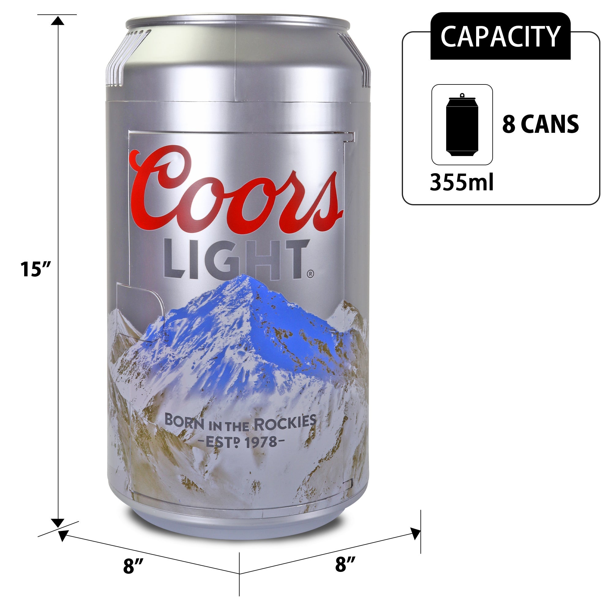 Product shot of Coors Light can-shaped 8 can mini fridge, closed, on a white background with dimensions labeled. Inset text with can icon reads, "Capacity: 8 cans (355 mL)"