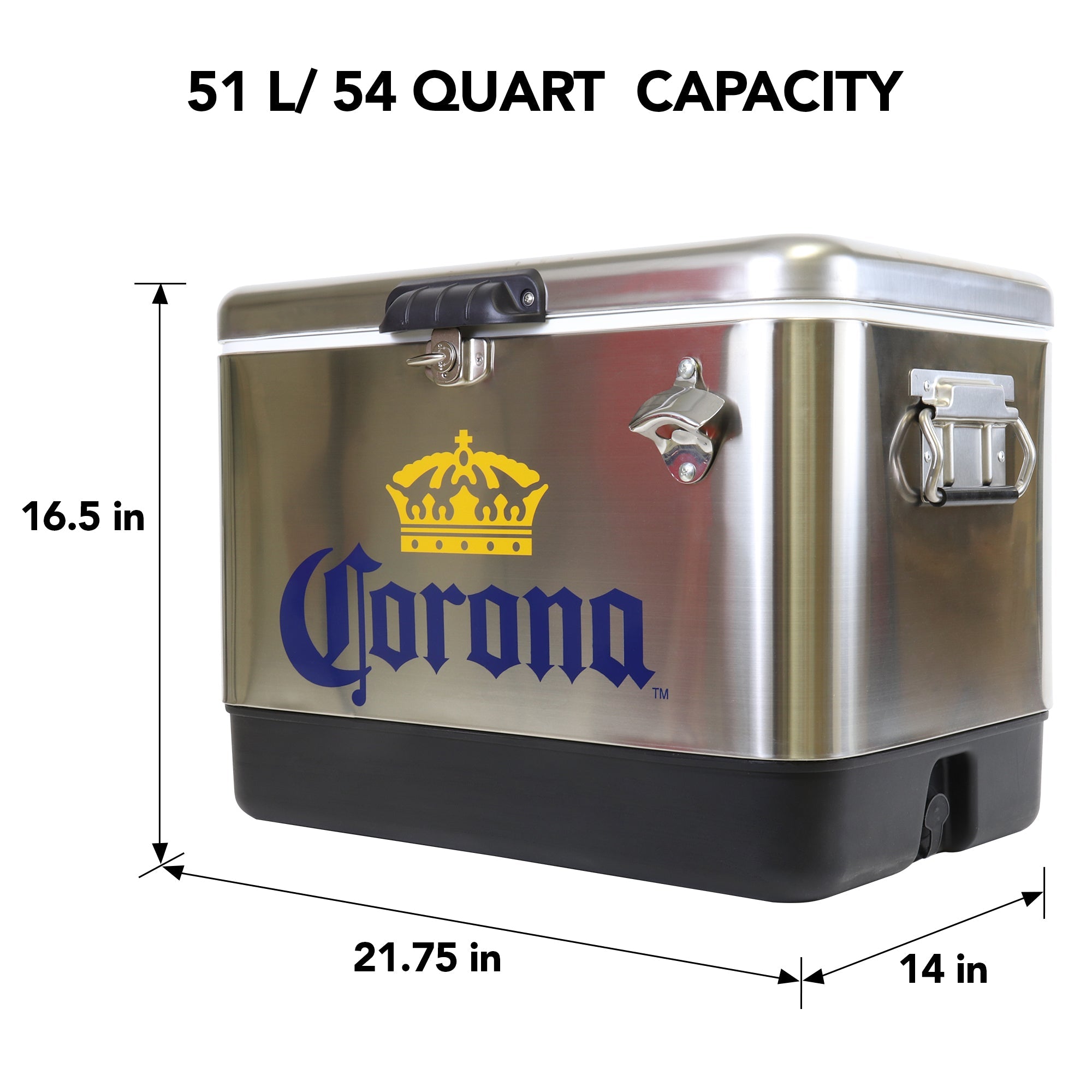 Product shot of Corona 51 liter ice chest with bottle opener, closed, on a white background, with dimensions labeled. Text above reads, "51L/54 quart capacity"