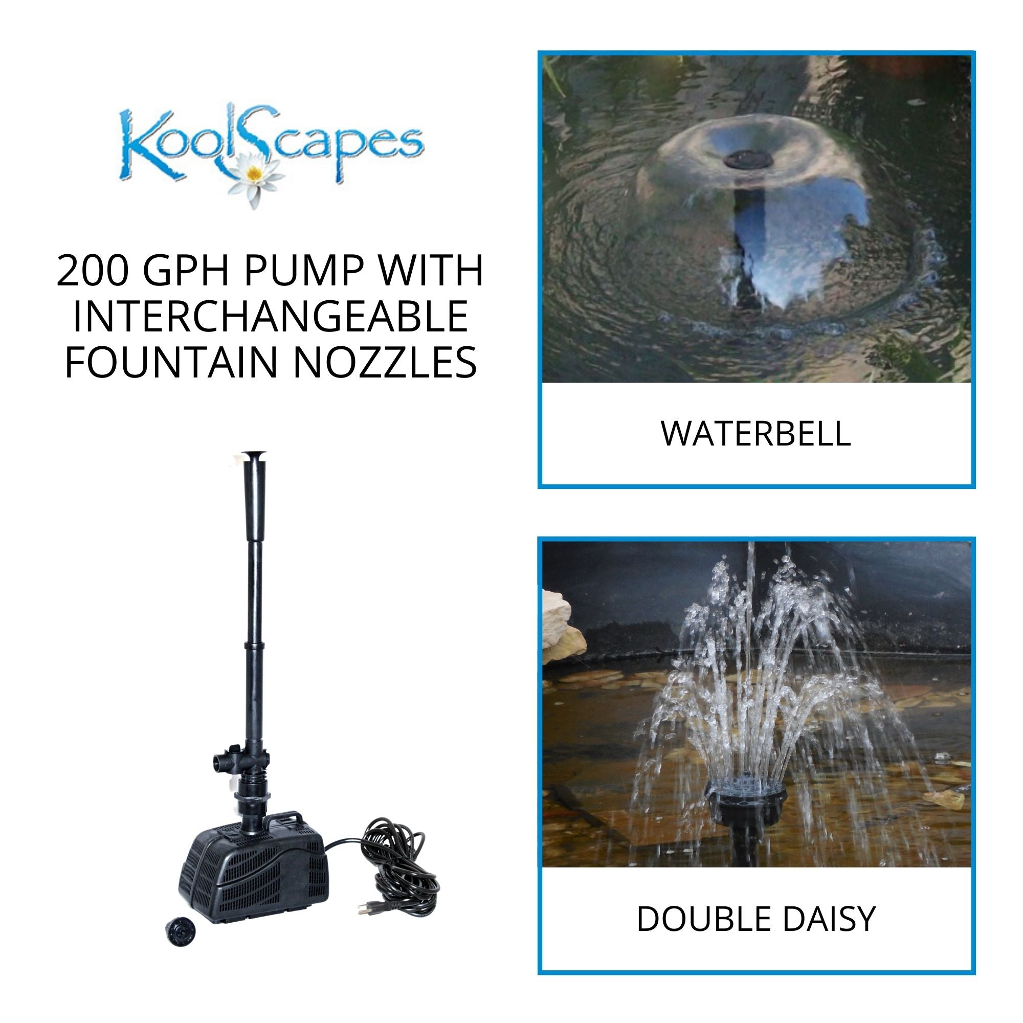 On the left is a product shot of the assembled pond pump on a white background with text above reading, "Koolscapes 200 GPH pump with interchangeable fountain nozzles." On the right are two closeup images of the two types of fountain sprays, labeled waterbell and double daisy