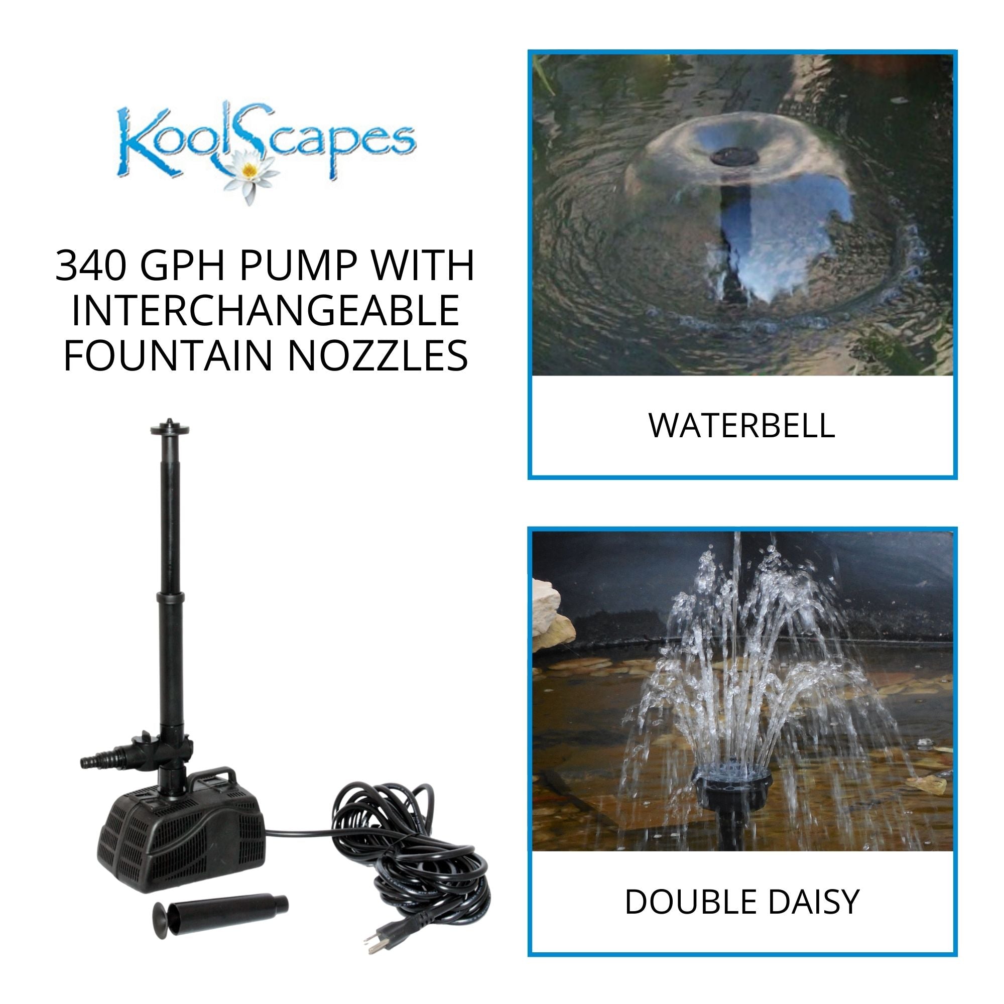 On the left is a product shot of the assembled pond pump on a white background with text above reading, "Koolscapes 340 GPH pump with interchangeable fountain nozzles." On the right are two closeup images of the two types of fountain sprays, labeled waterbell and double daisy