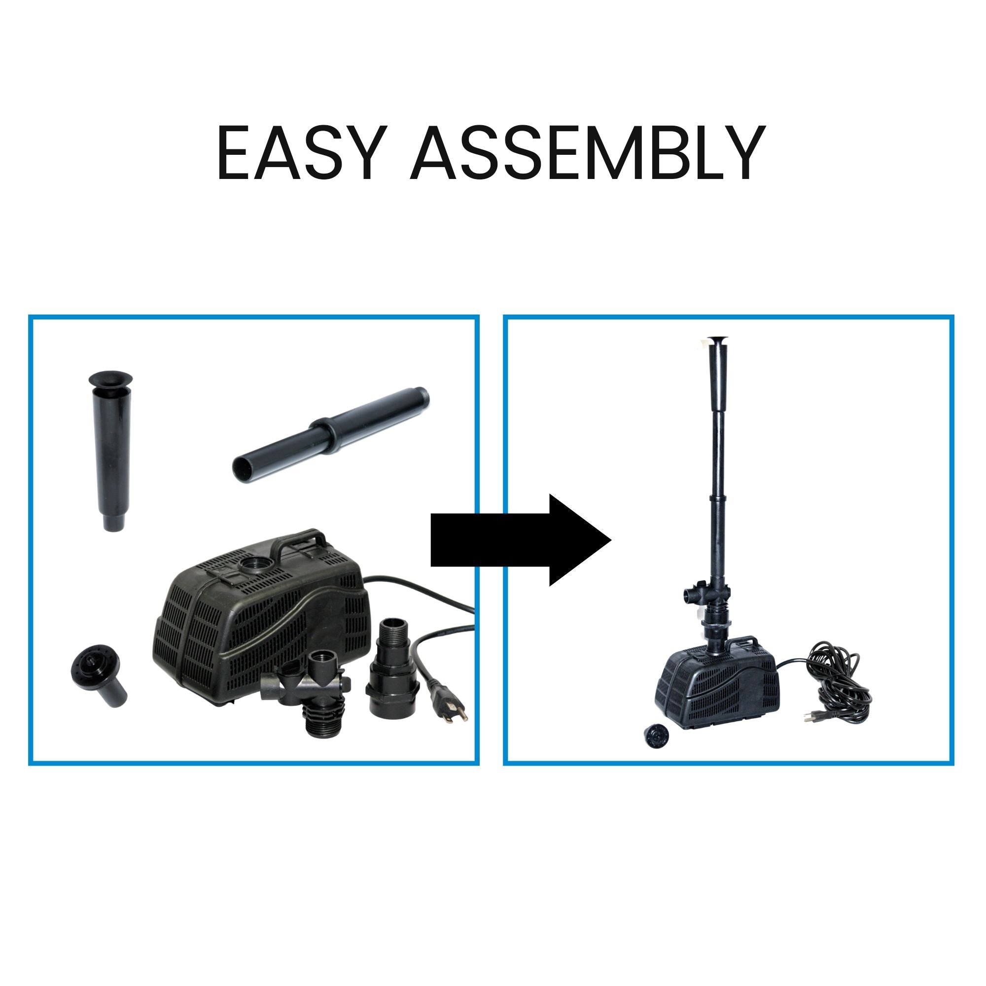A black arrow points from the left image, a product shot of the disassembled pump parts, to the right image, a product shot of the assembled pump. Text above reads, "Easy assembly"