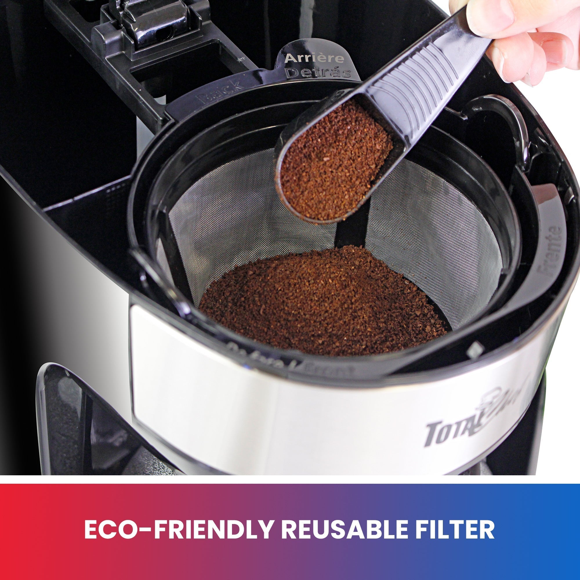 Closeup image of coffee maker viewed from above with a person's hand scoping ground coffee into the reusable basket filter. Text below reads, "Eco-friendly reusable filter"