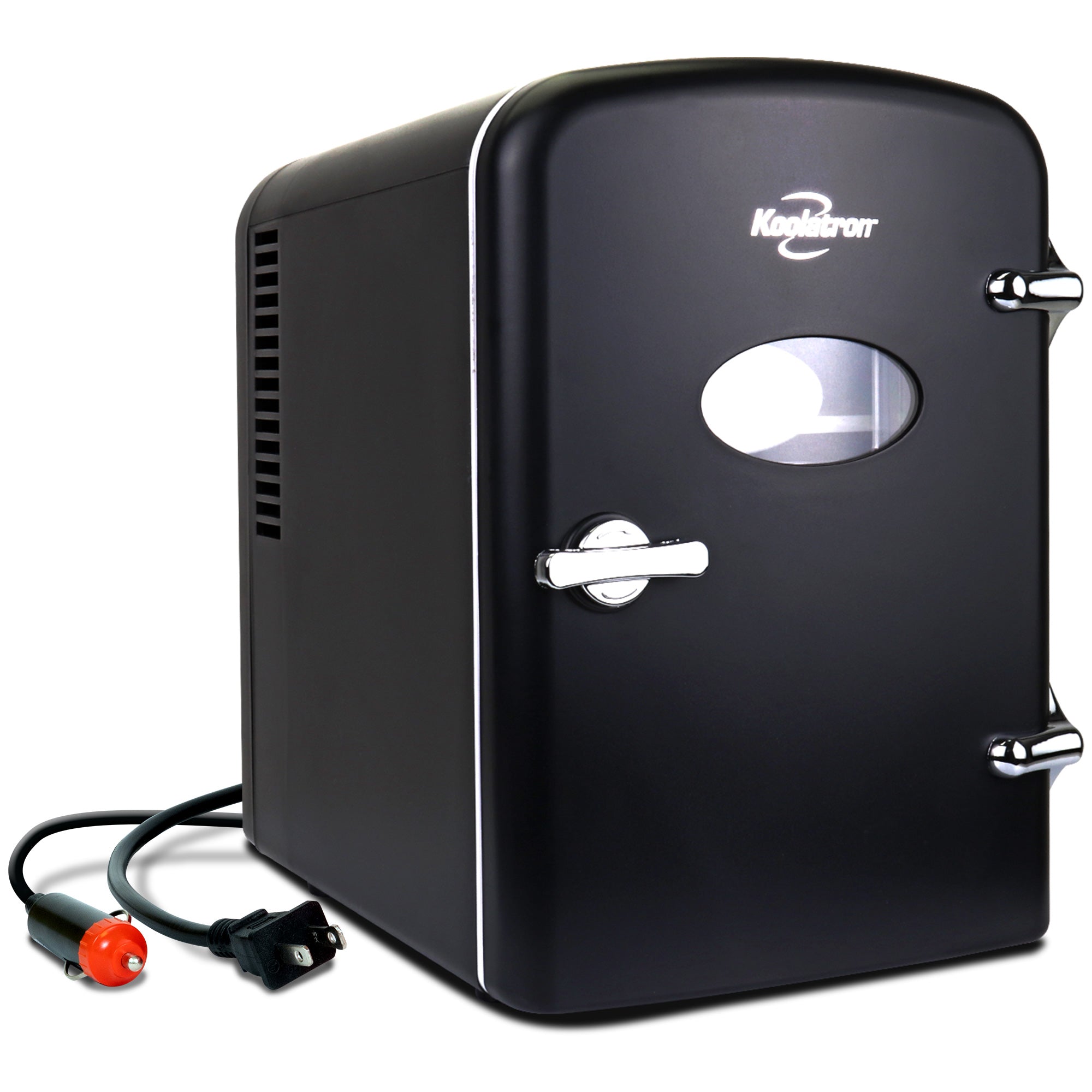 Product shot of Koolatron retro 4L mini fridge, closed, with AC and DC power cords visible, on a white background