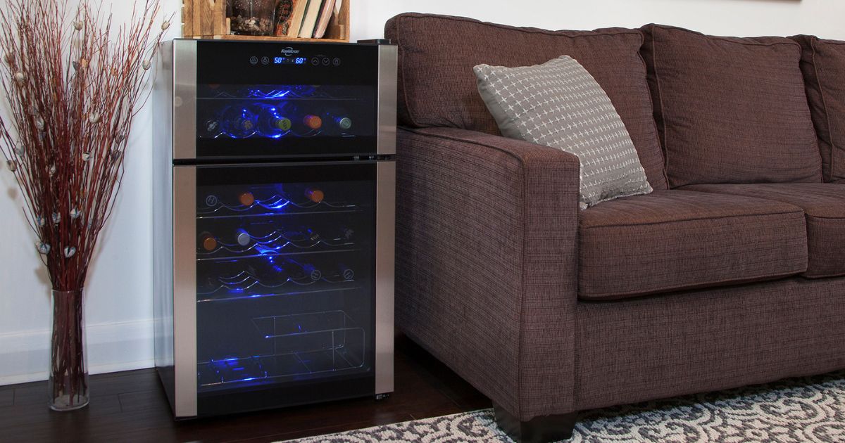 A stainless steal wine fridge sits on the floor next to a grey couch. Above the couch are picture frames. On top of the wine fridge is a wooden basket with books and a plant in it. Beside the wine fridge is a vase with decorative sticks in it.