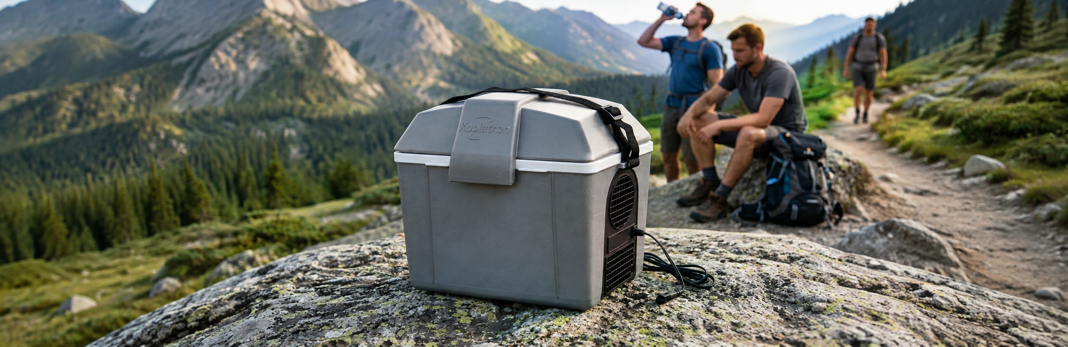 Lifestyle image of 27 qt thermoelectric cooler in the back of an SUV with fishing poles and lifejackets beside it