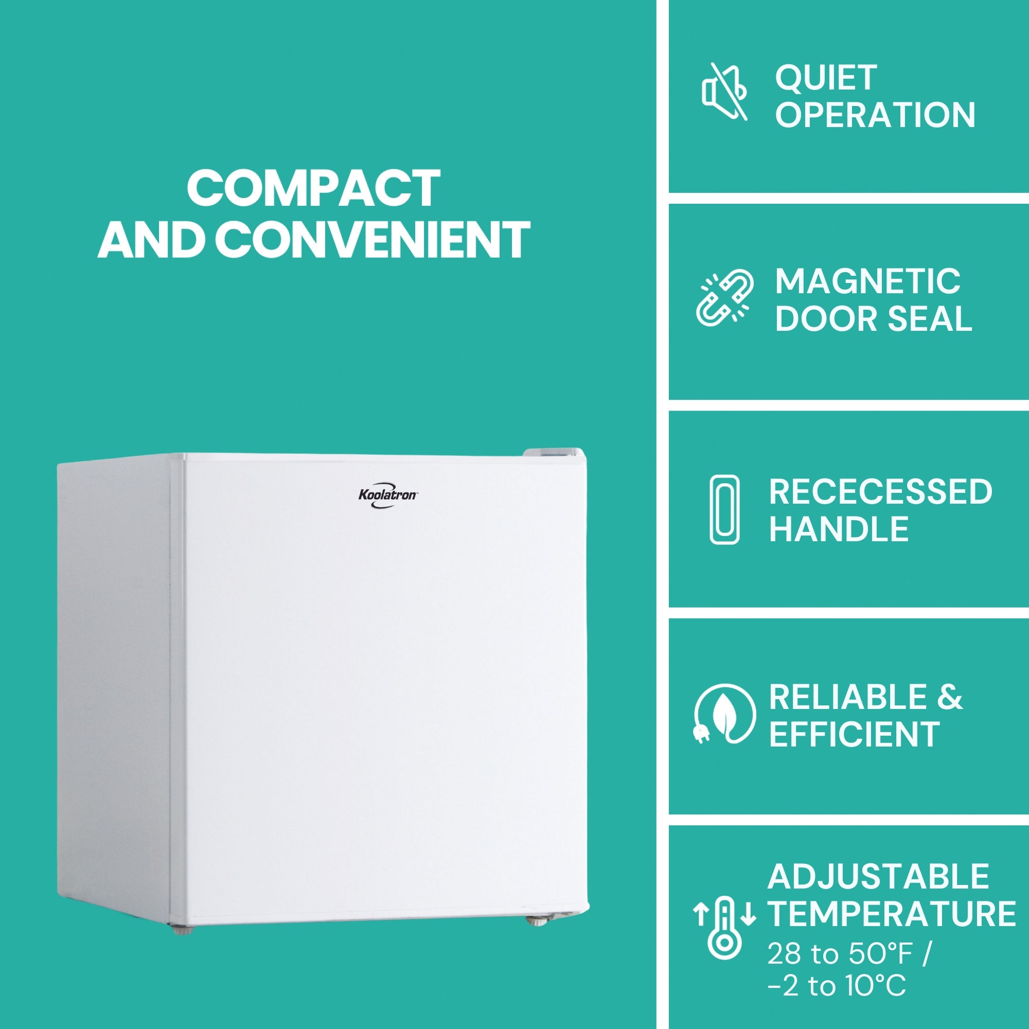 Compact fridge with freezer on an aqua background with text above reading, "Compact and convenient." Icons and text to the right describe features: Quiet operation; magnetic door seal; recessed handle; reliable and efficient; adjustable temperature 28 to 50°F / -2 to 10°C