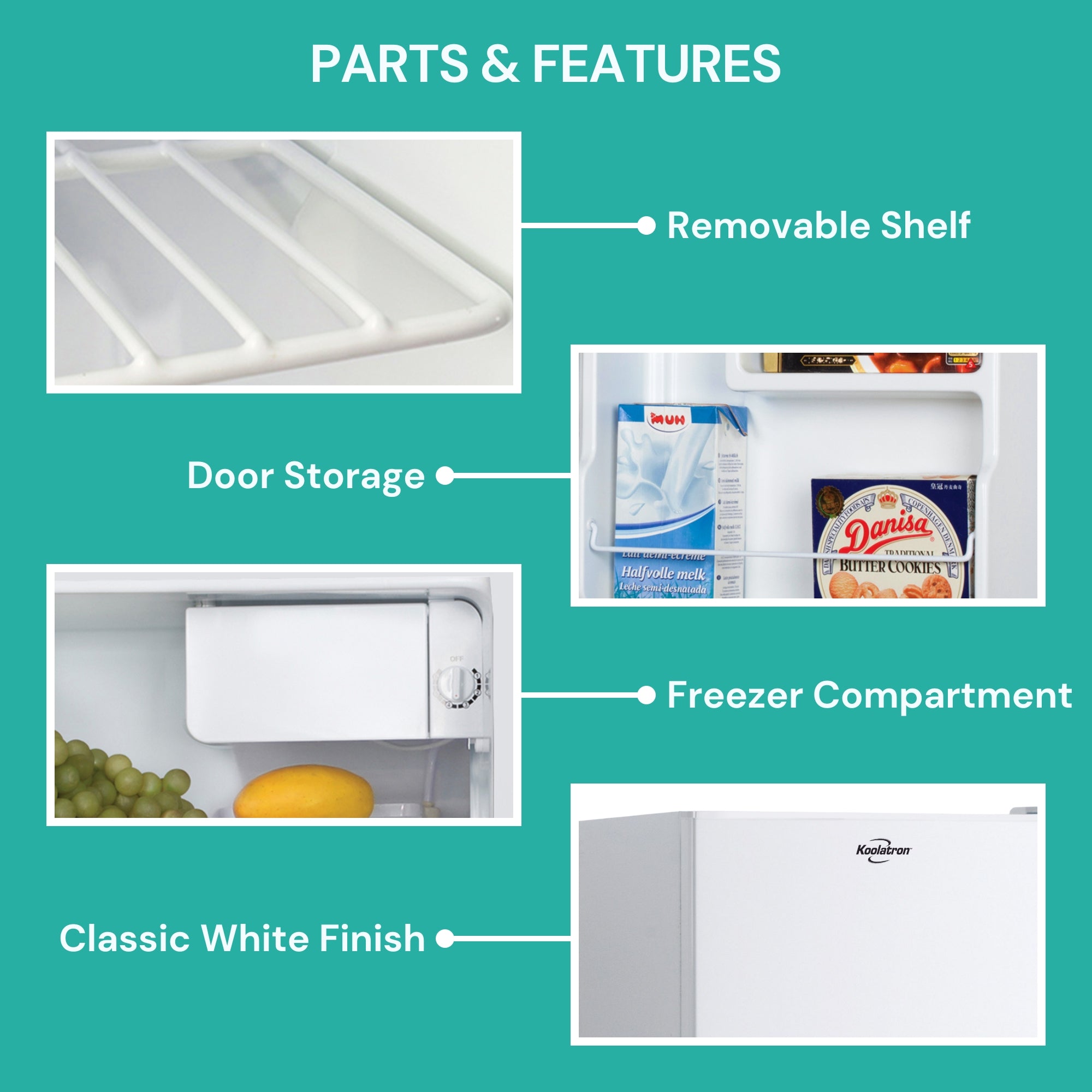 Closeup images of parts and features, labeled: Removable shelf; door storage; freezer compartment; classic white exterior