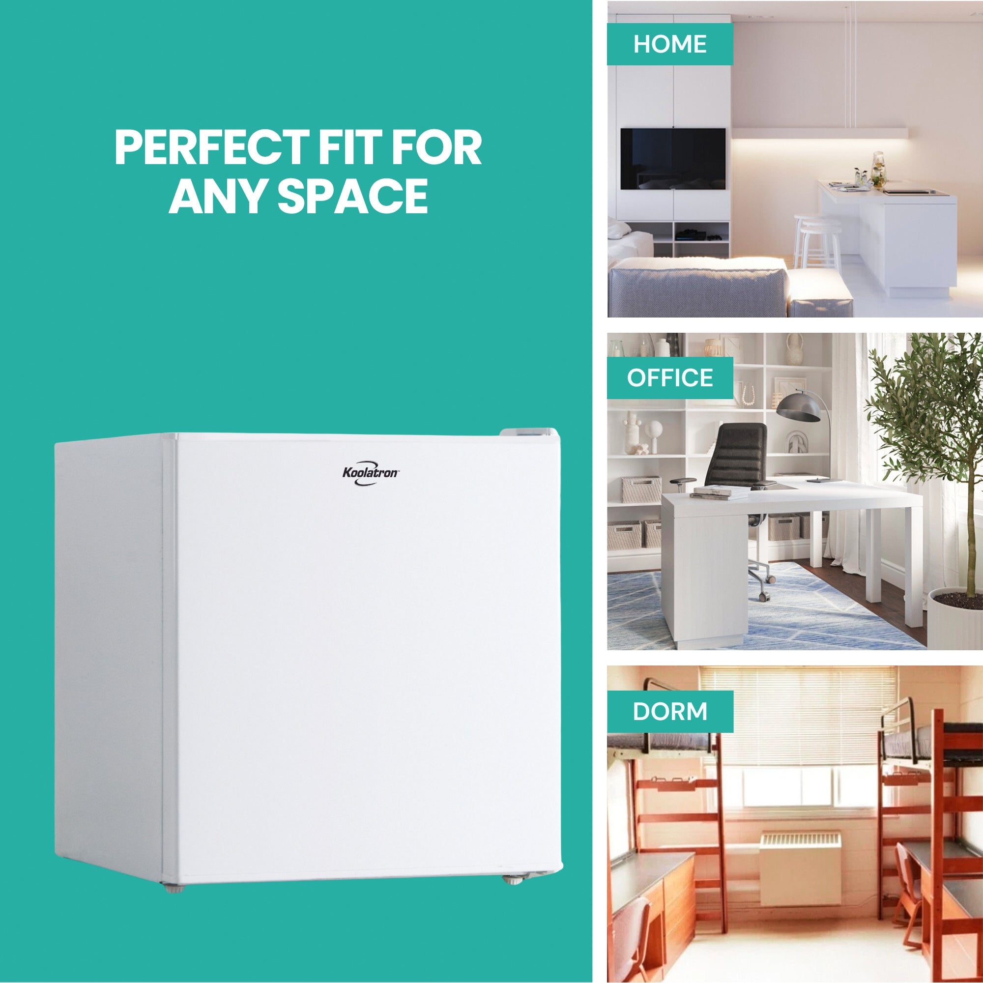 White compact fridge with freezer, closed, on an aqua background with text above reading, "Perfect fit for any space." Three pictures to the right show settings where the fridge could be used: Home, office, dorm