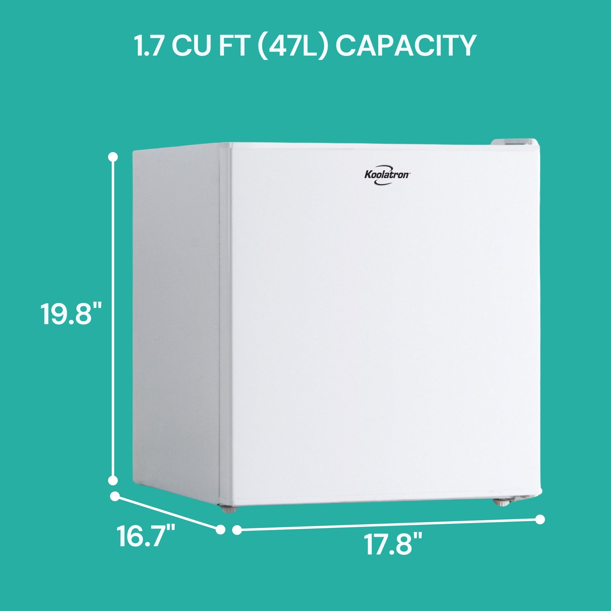 White compact fridge with freezer on an aqua background with dimensions labeled and text above reading, "1.7 cu ft (47L) Capacity"