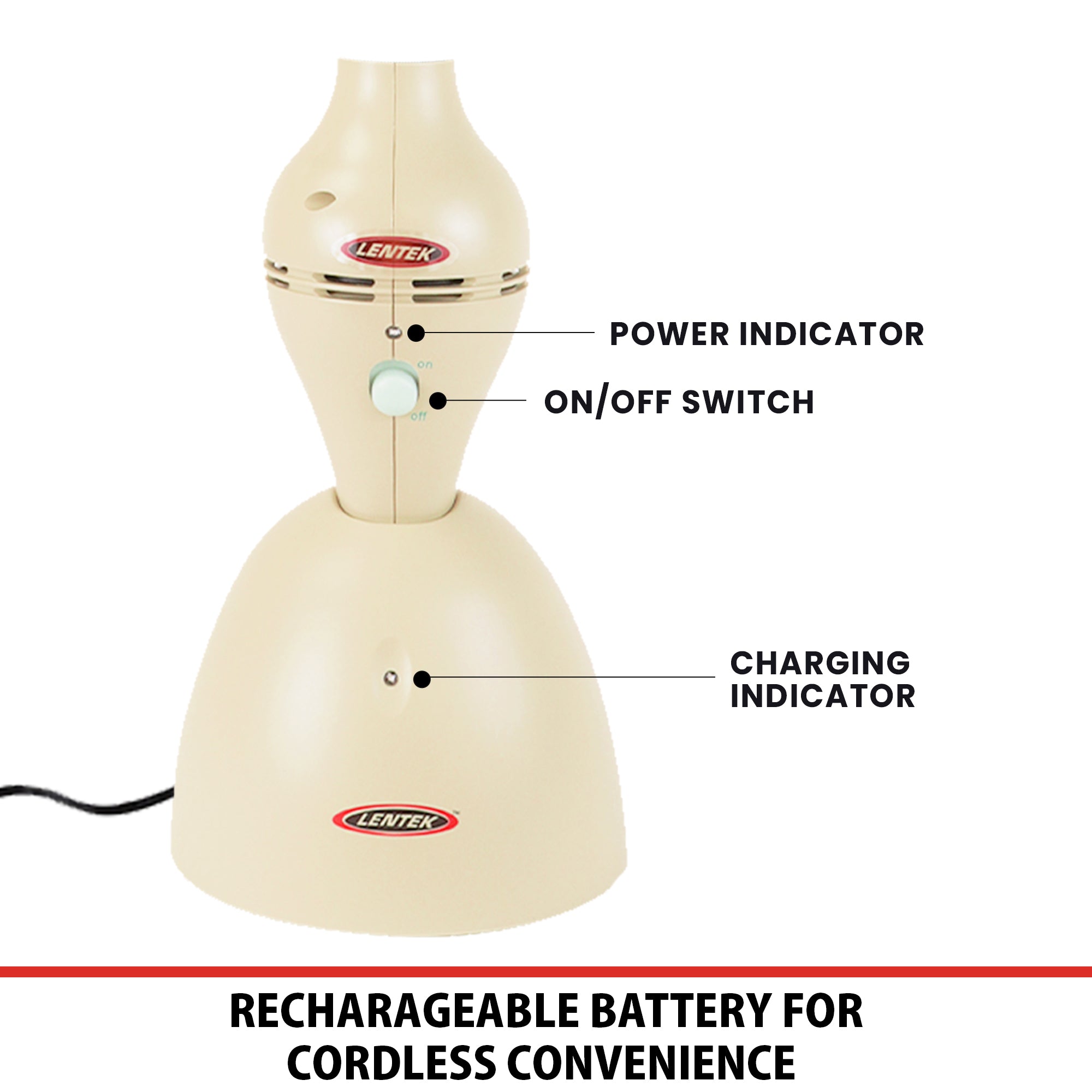 Closeup of Lentek cordless insect vacuum on charging stand with parts labeled: Power indicator; on/off switch; charging indicator. Text below reads, "Rechargeable battery for cordless convenience"