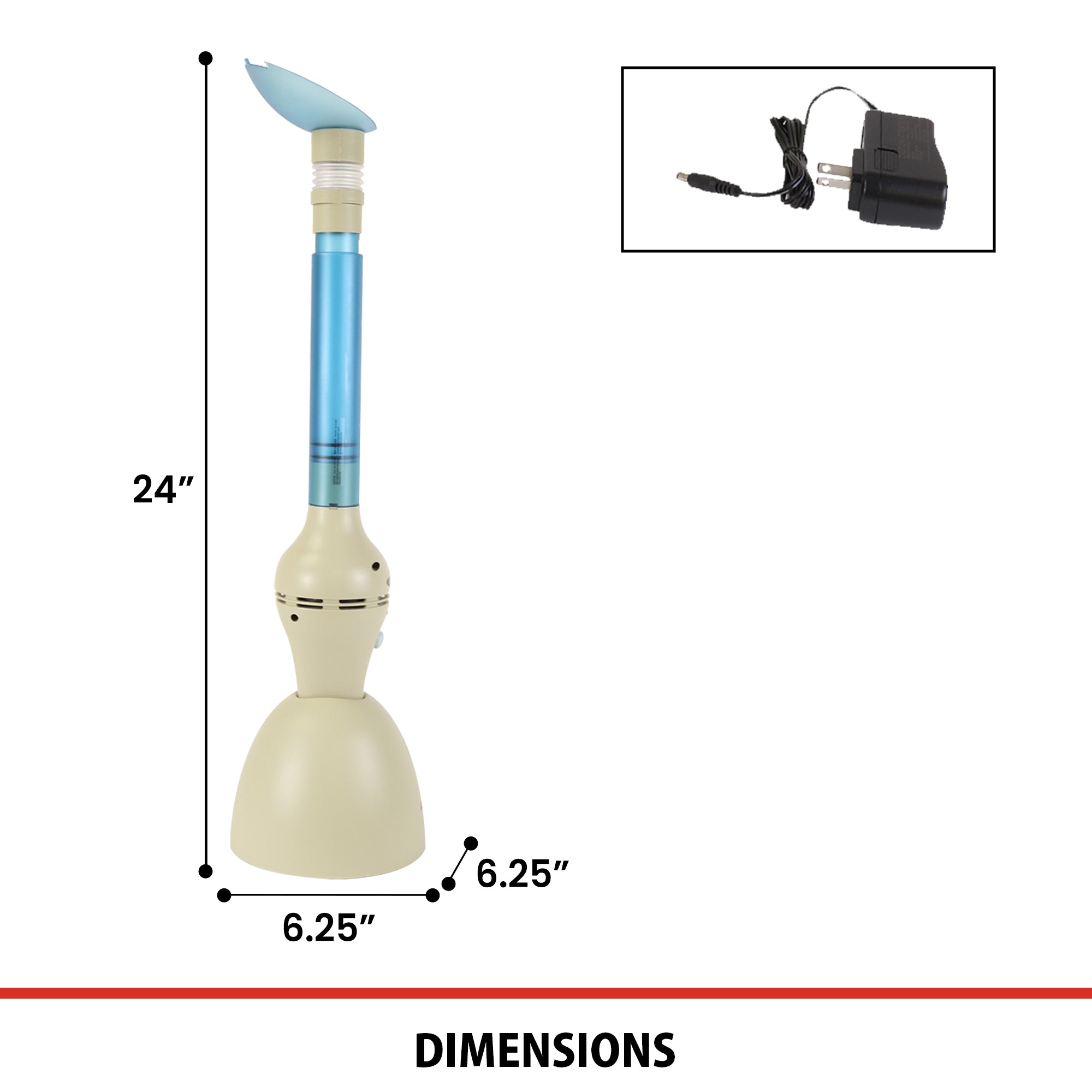 Lentek cordless bug vacuum and AC charging cord on a white background with dimensions labeled