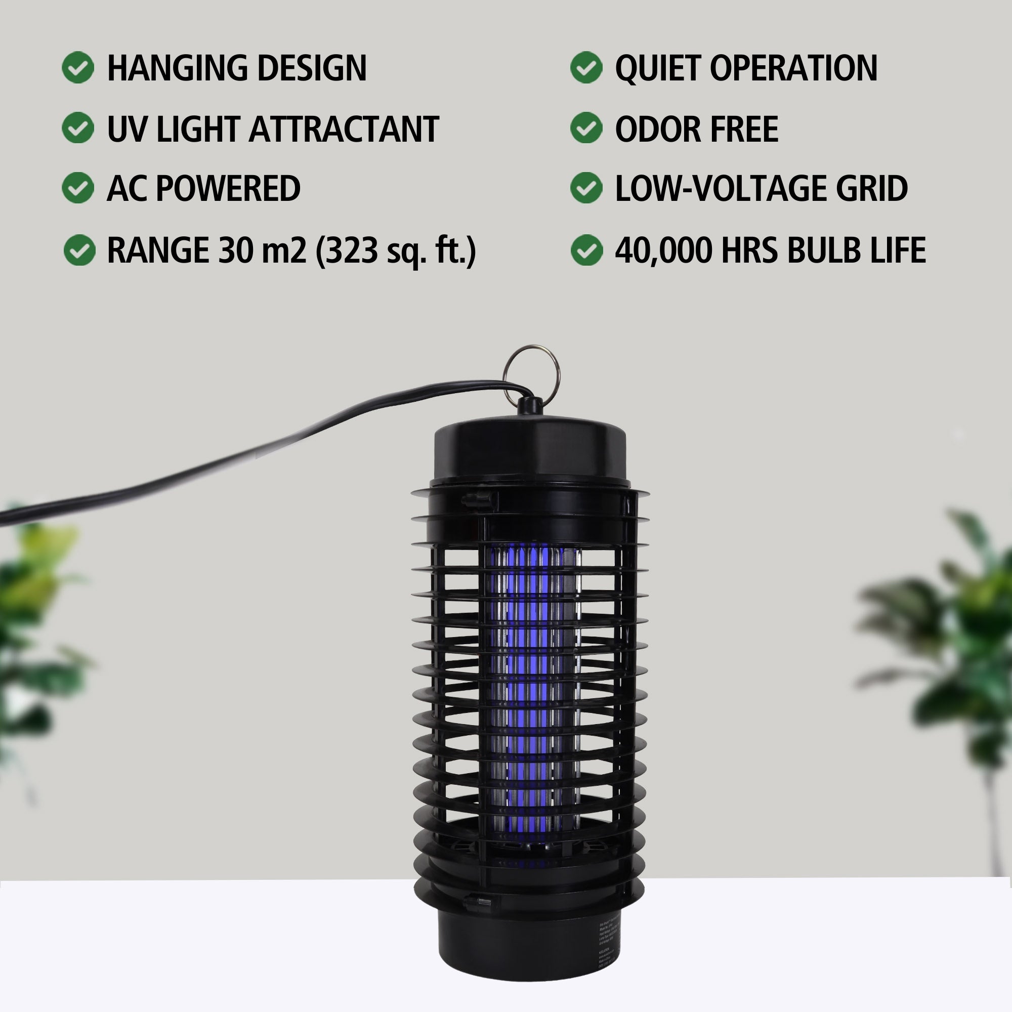 Bite Shield electronic flying insect zapper on a white table with features listed above: Hanging design; UV light attractant; AC powered; range 30 m2 (323 sq. ft.); quiet operation; odor free; low-voltage grid; 40,000 hrs bulb life