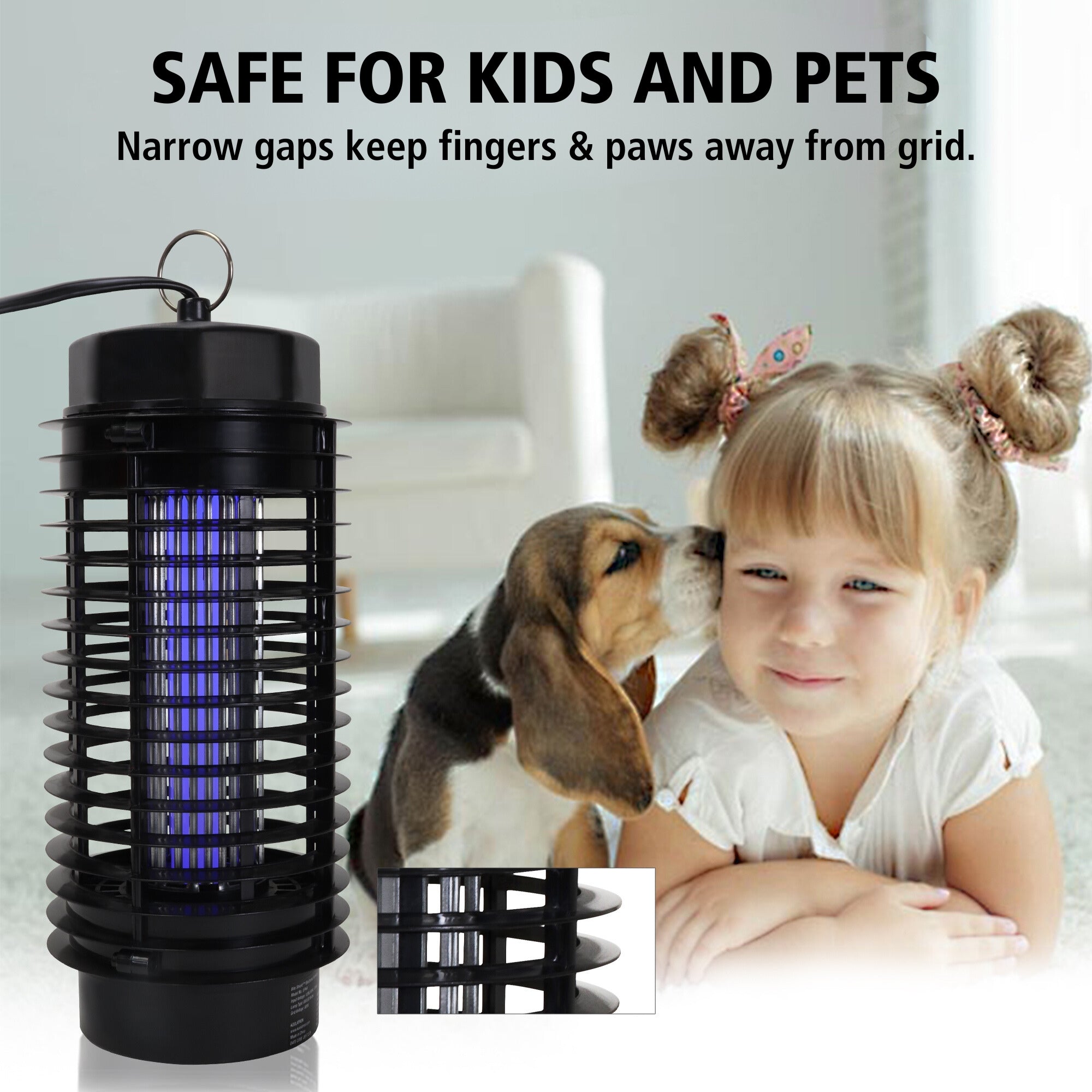 Bite Shield electronic flying insect zapper with inset closeup of the ABS housing in the foreground and a child with light skin and blonde hair in two buns being sniffed by a beagle dog. Text above reads, "Safe for kids and pets: Narrow gap keeps fingers and paws out of grid"