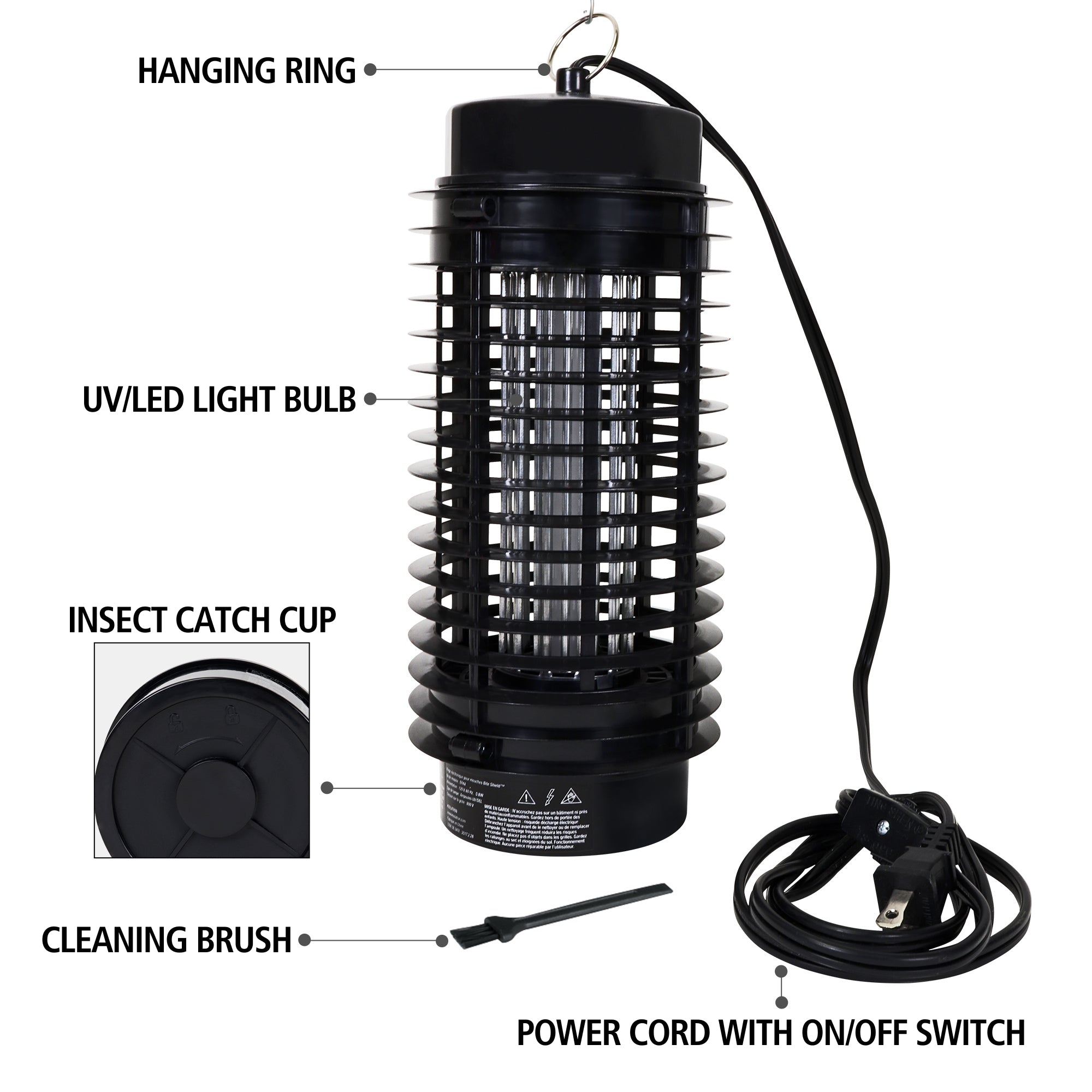 Bite Shield electronic flying insect zapper on a white background with parts labeled: Hanging ring; UV/LED light bulb; insect catch cup; cleaning brush; power cord with on/off switch