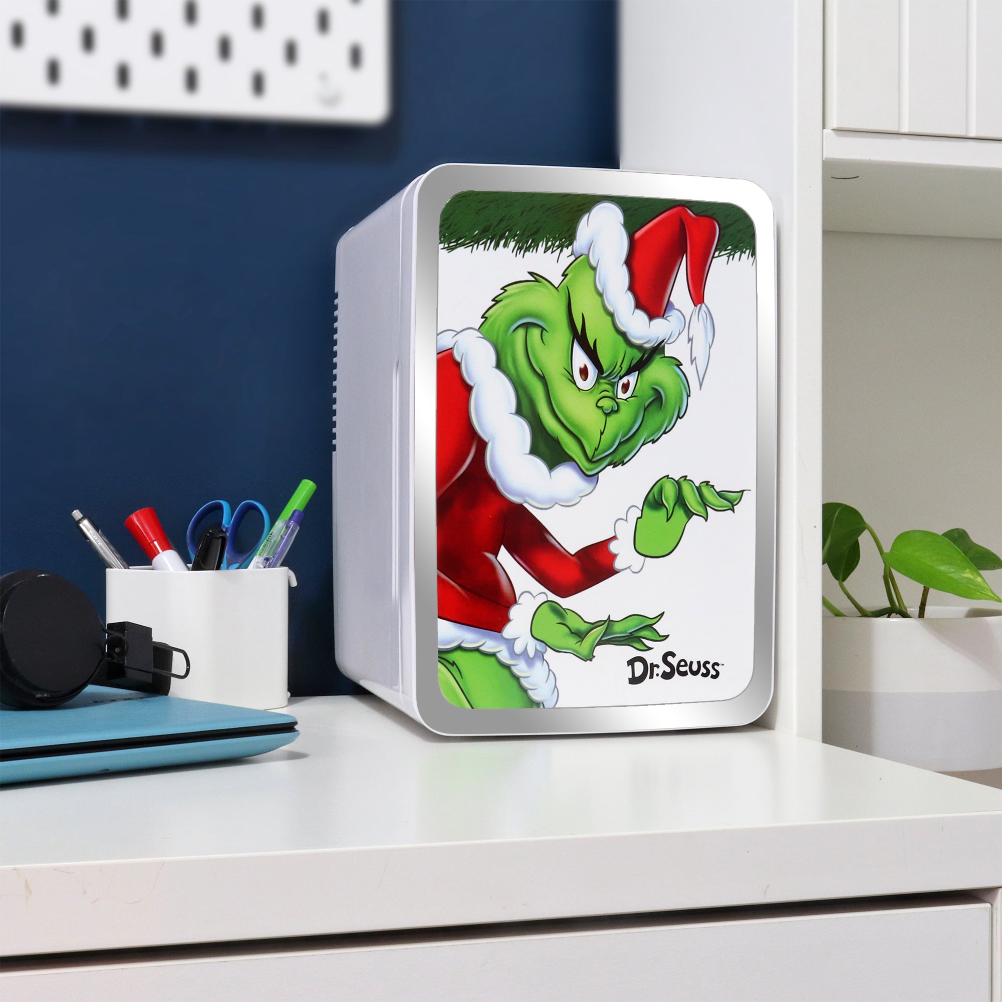 Dr. Seuss Grinch 6L Mini Fridge, 8-Can Portable Cooler w/ 12 Volt and 110 Volt Cords, Personal Treat Refrigerator for Home, Travel, Hotel, Dorm, Office