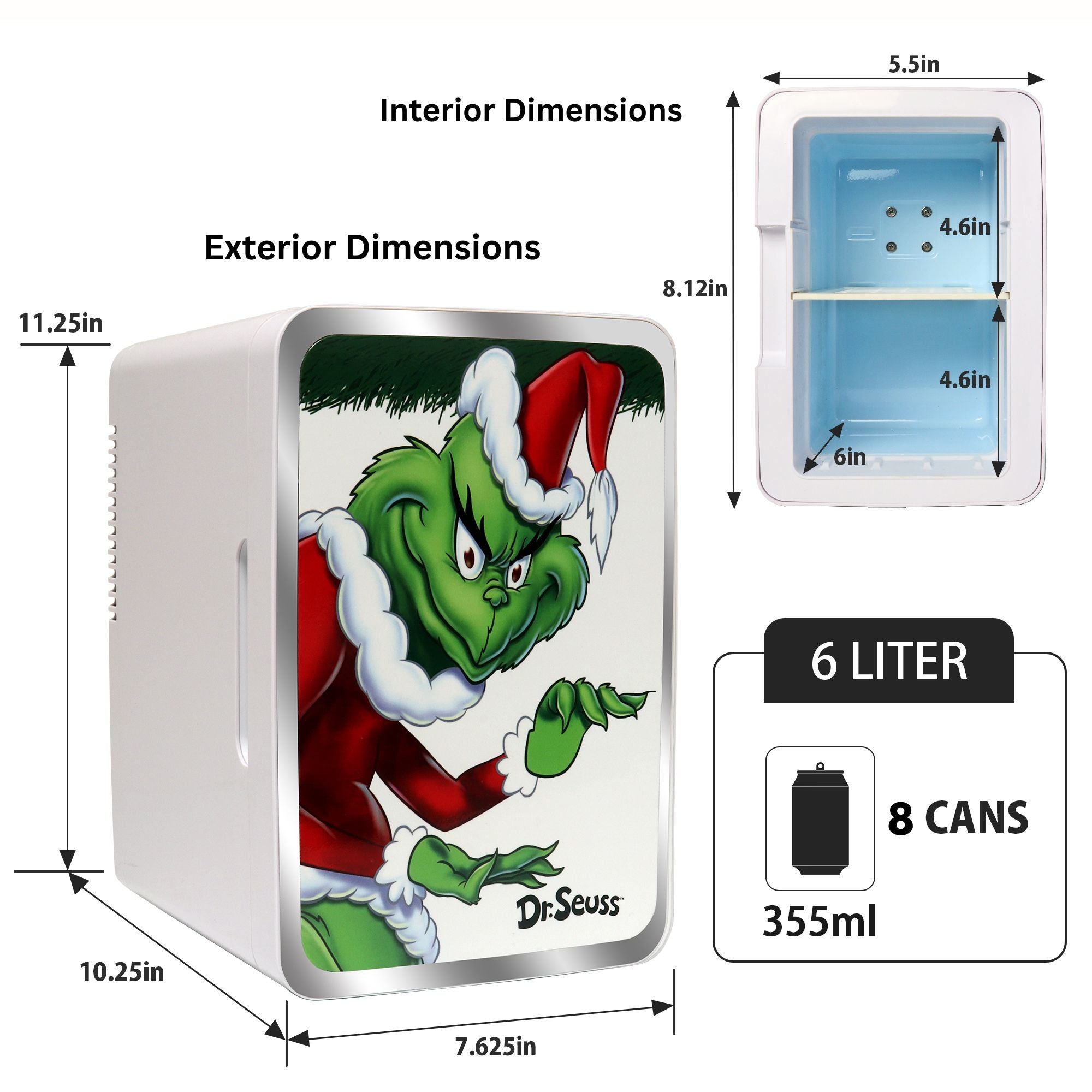 Dr. Seuss Grinch 6L Mini Fridge, 8-Can Portable Cooler w/ 12 Volt and 110 Volt Cords, Personal Treat Refrigerator for Home, Travel, Hotel, Dorm, Office
