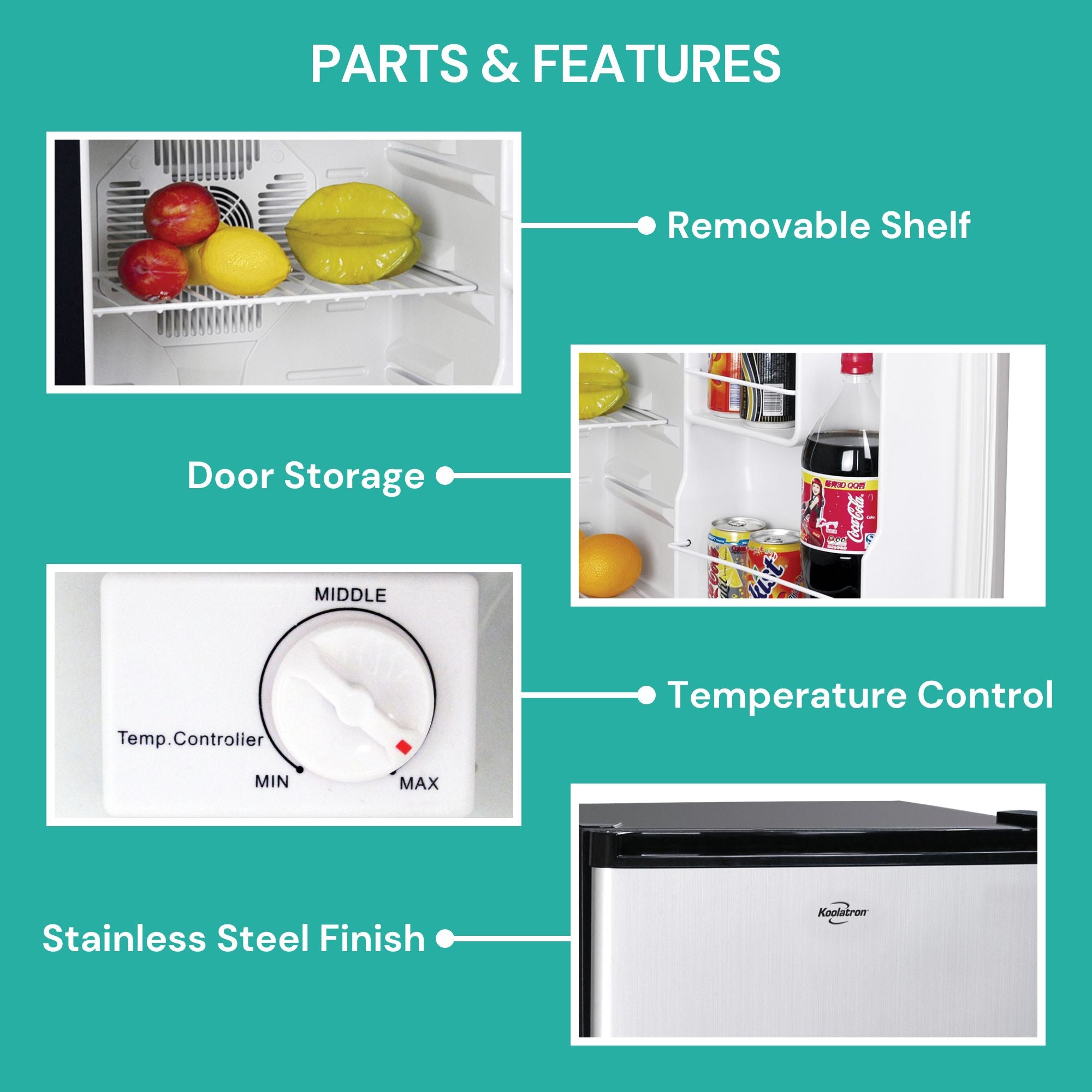 Closeup images of parts and features, labeled: Removable shelf; door storage; temperature control; stainless steel exterior