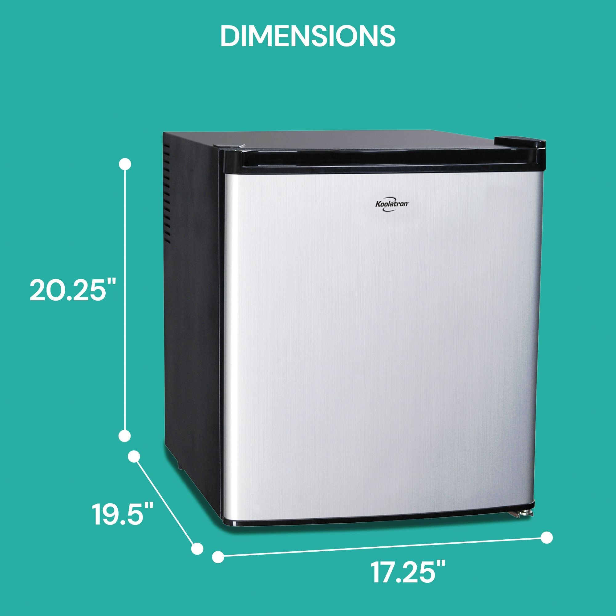 Black and stainless steel compact fridge on an aqua background with dimensions labeled