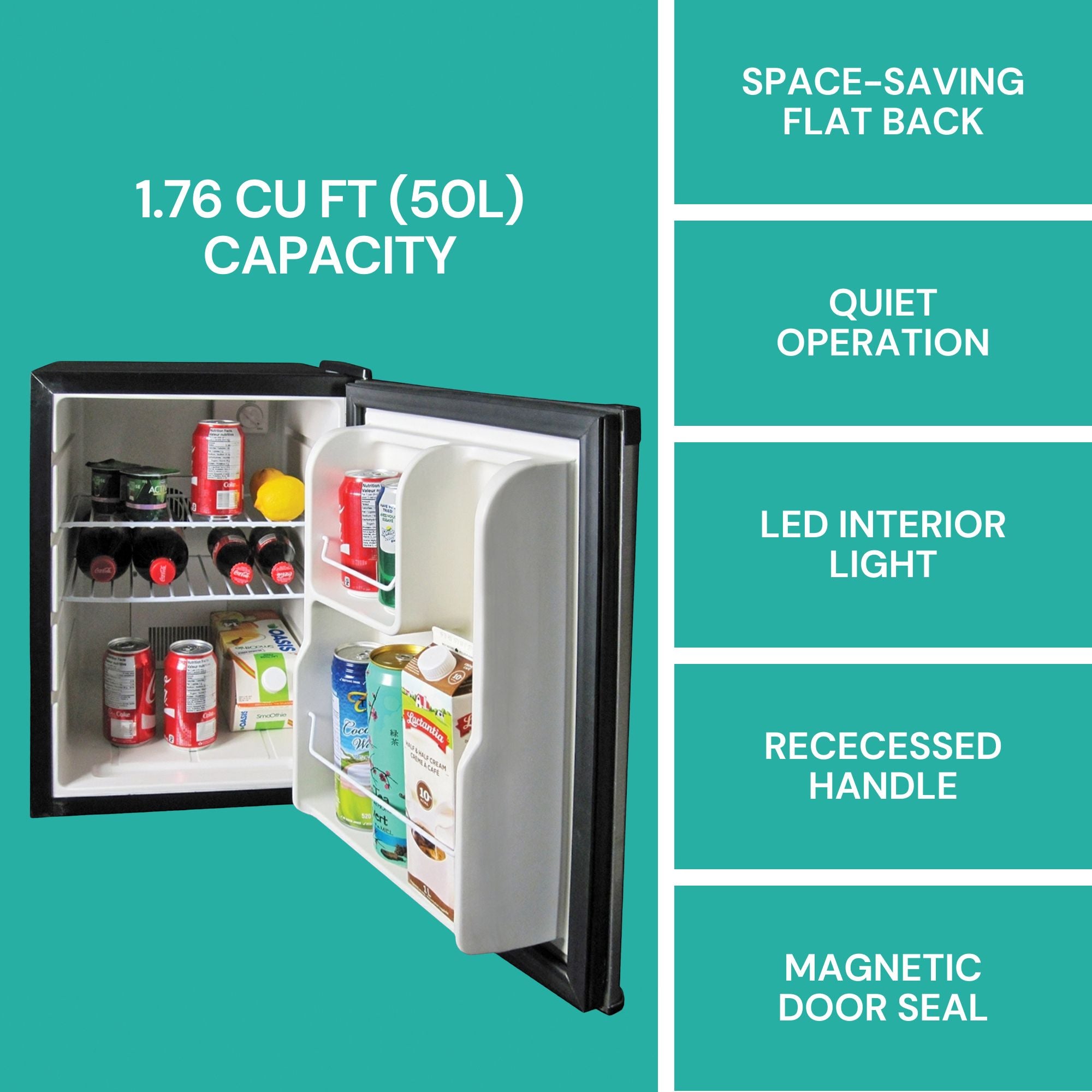 Compact fridge, open and filled with food and drinks, on an aqua background with text above reading, "1.76 cu ft (50L) capacity." Icons and text to the right describe features: Space-saving flat back; quiet operation; LED interior light; recessed handle; magnetic door seal