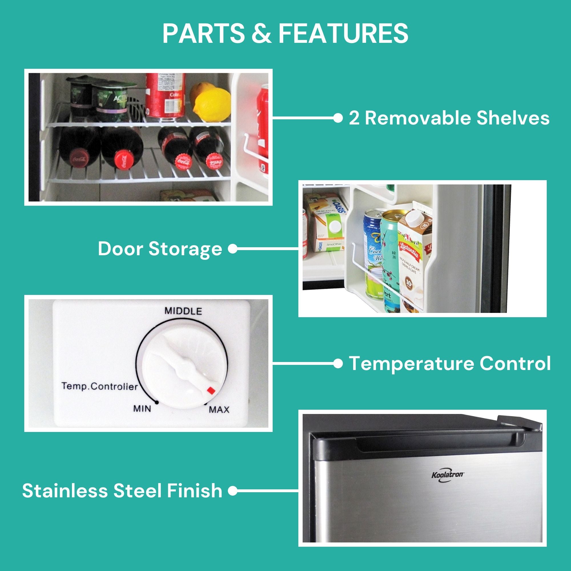 Closeup images of parts and features, labeled: Removable shelf; door storage; temperature control; stainless steel exterior