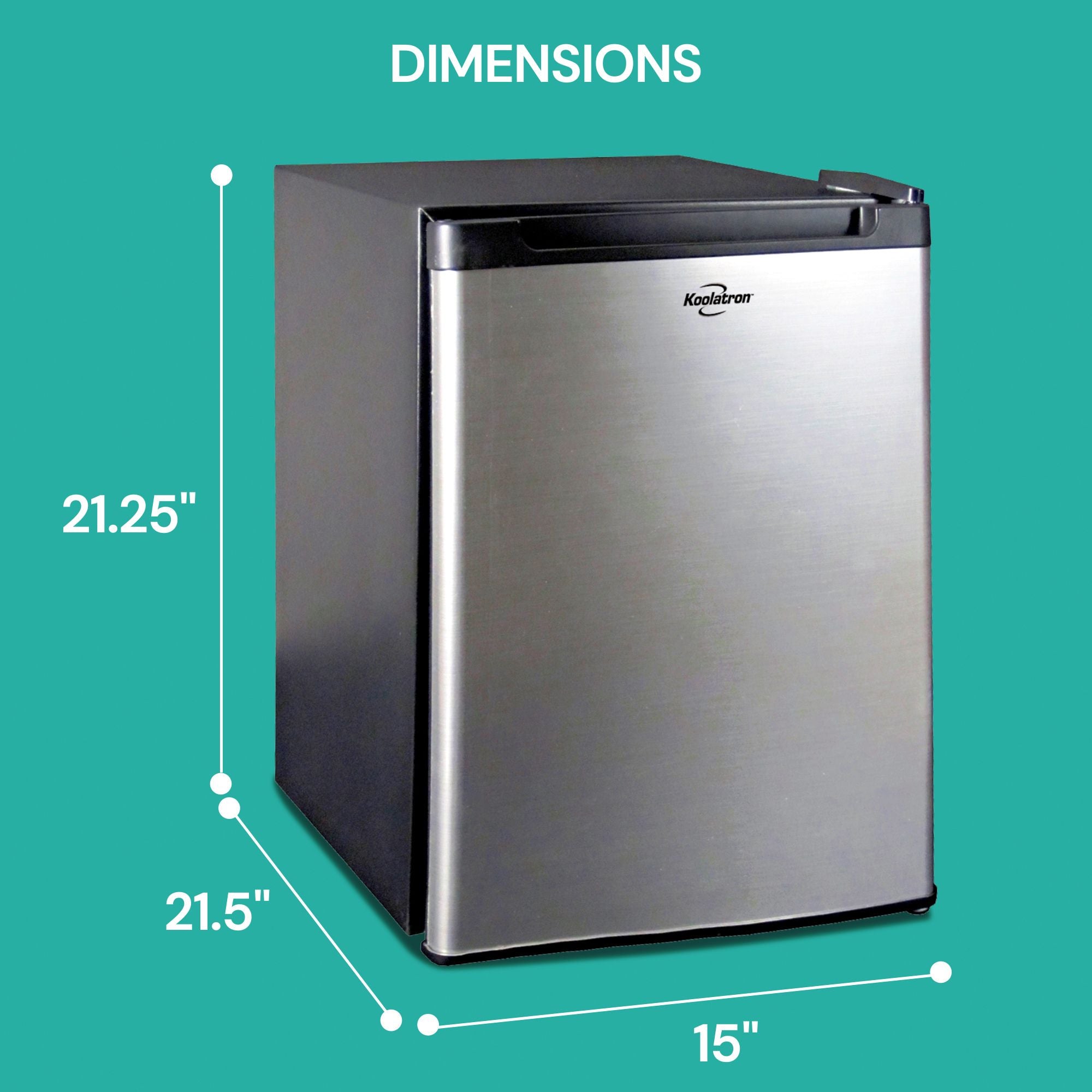 Black and stainless steel compact fridge on an aqua background with dimensions labeled