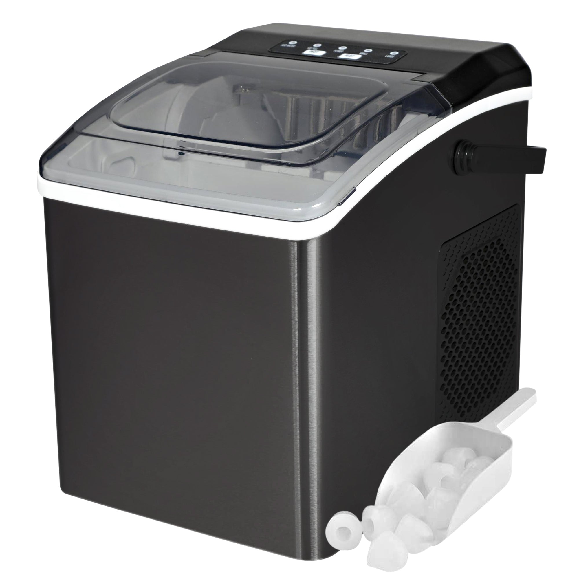 Stainless steel automatic ice maker with a clear plastic scoop of ice cubes beside it on a white background