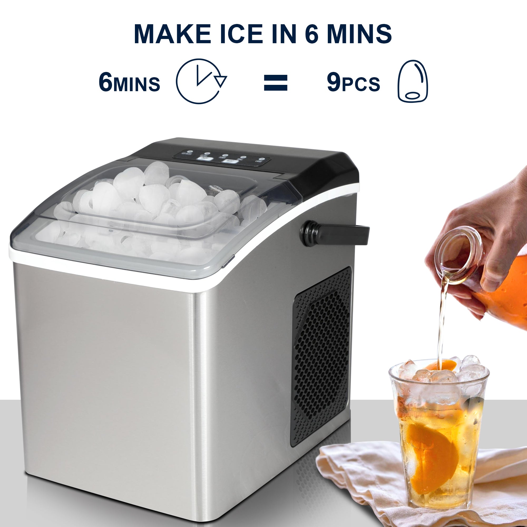 Stainless steel ice maker filled with ice cubes with a hand pouring amber liquid into a glass of ice cubes to the right on a white background. Text and icons above read, "Makes ice in 6 minutes; 6 mins = 9 pcs"