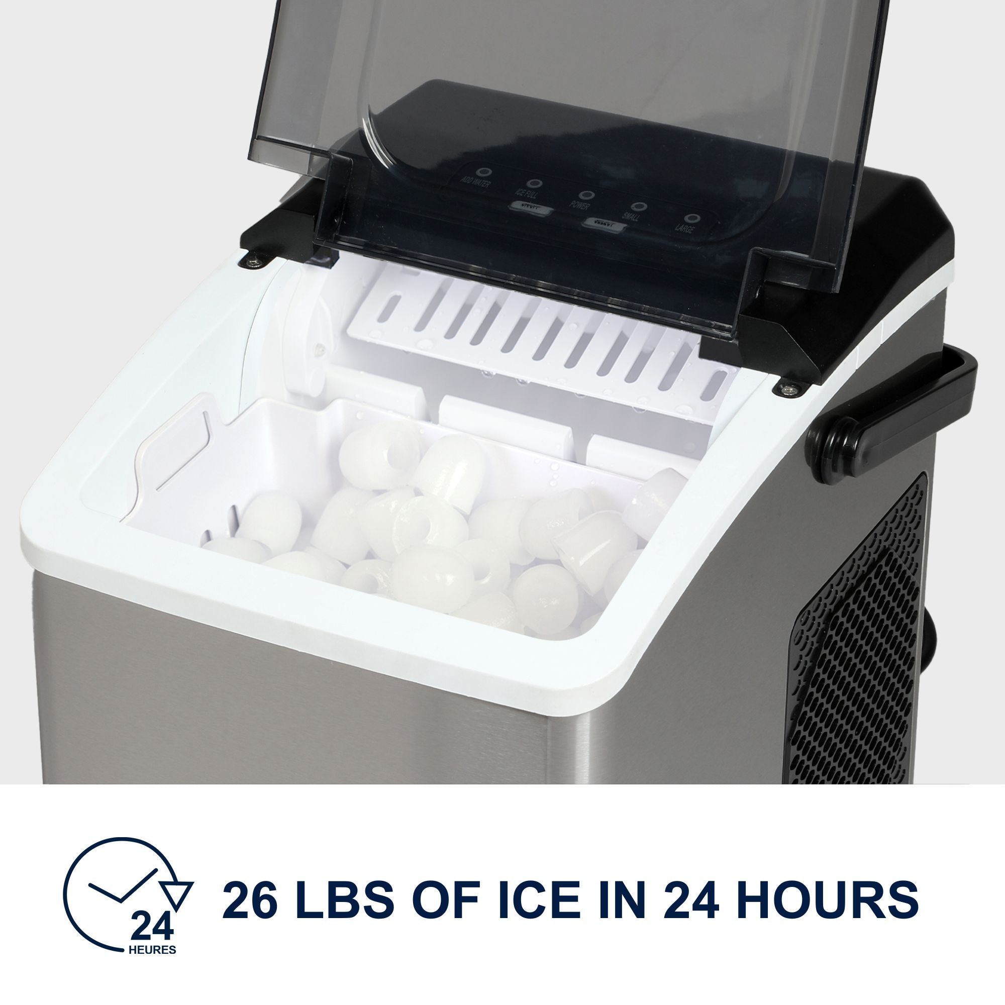 Closeup image of the open ice maker with the removable basket filled with ice cubes. Text below reads, "26 lbs of ice in 24 hours"